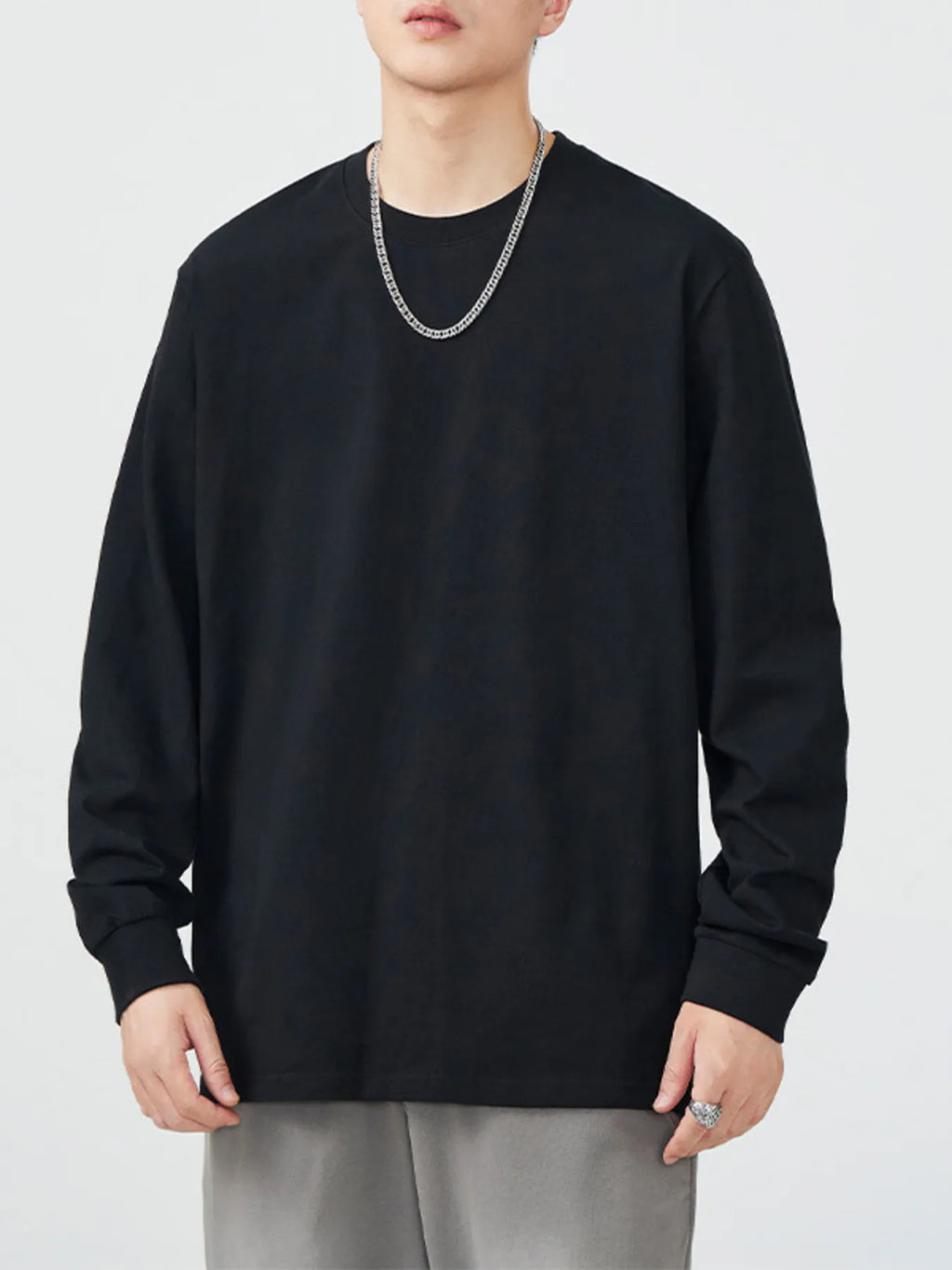 Round Neck Long Sleeve T-Shirt Plus Size in White for Men