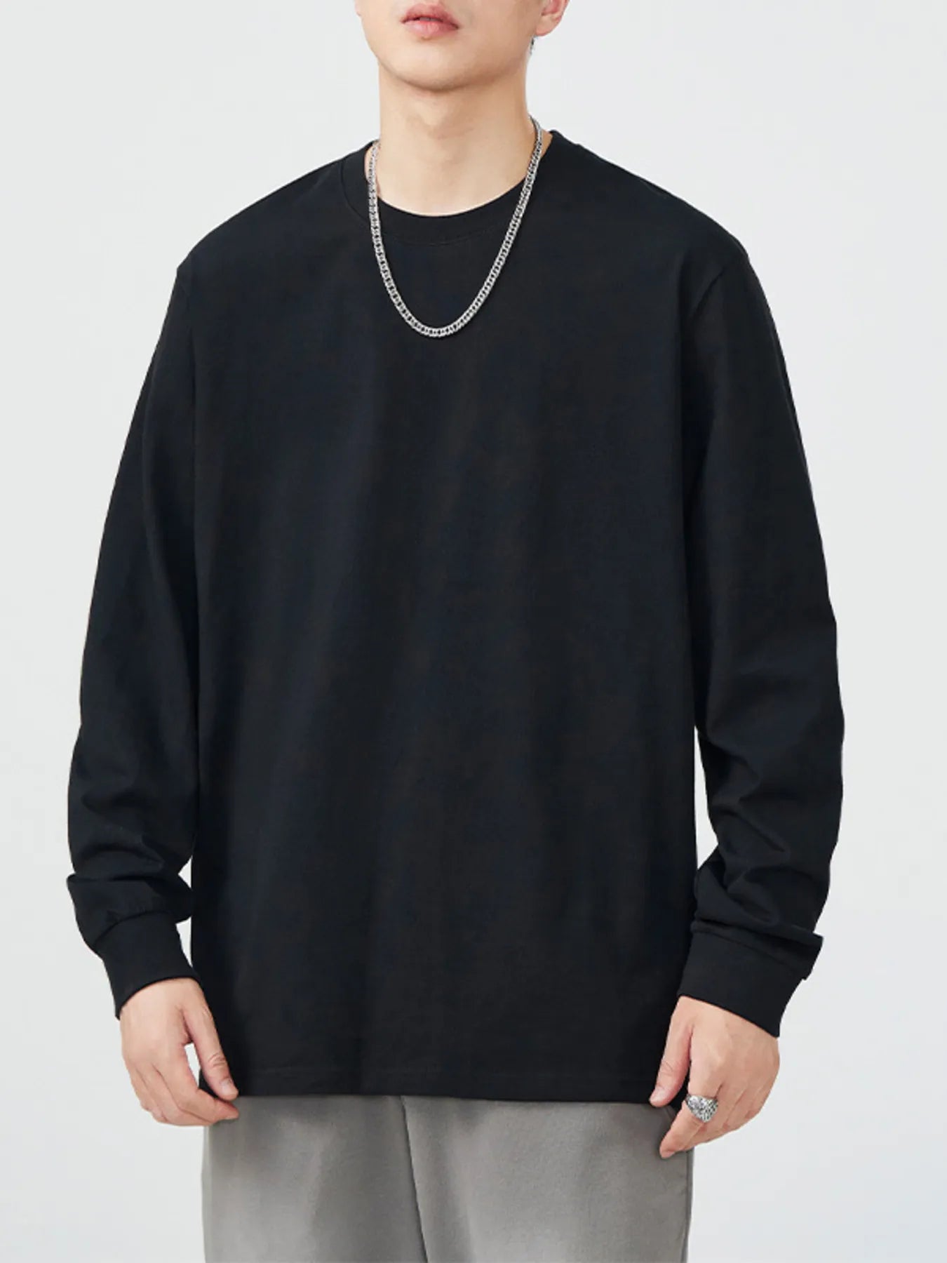 Round Neck Long Sleeve T-Shirt Plus Size in White for Men