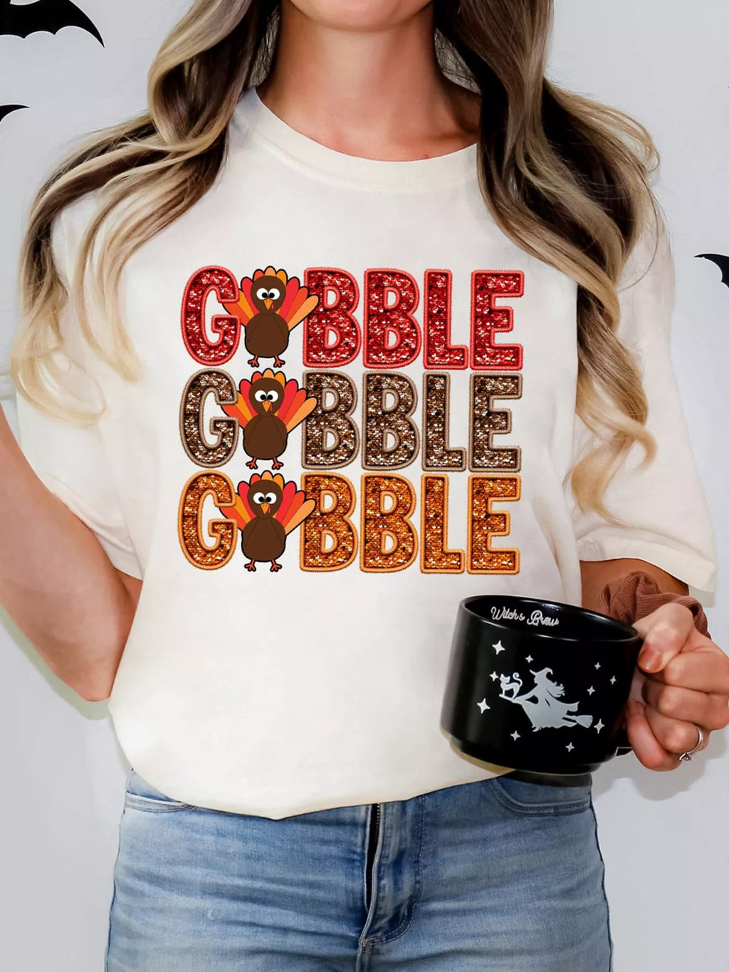 Gobble Thanksgiving Turkey Print T-Shirt in White for Women