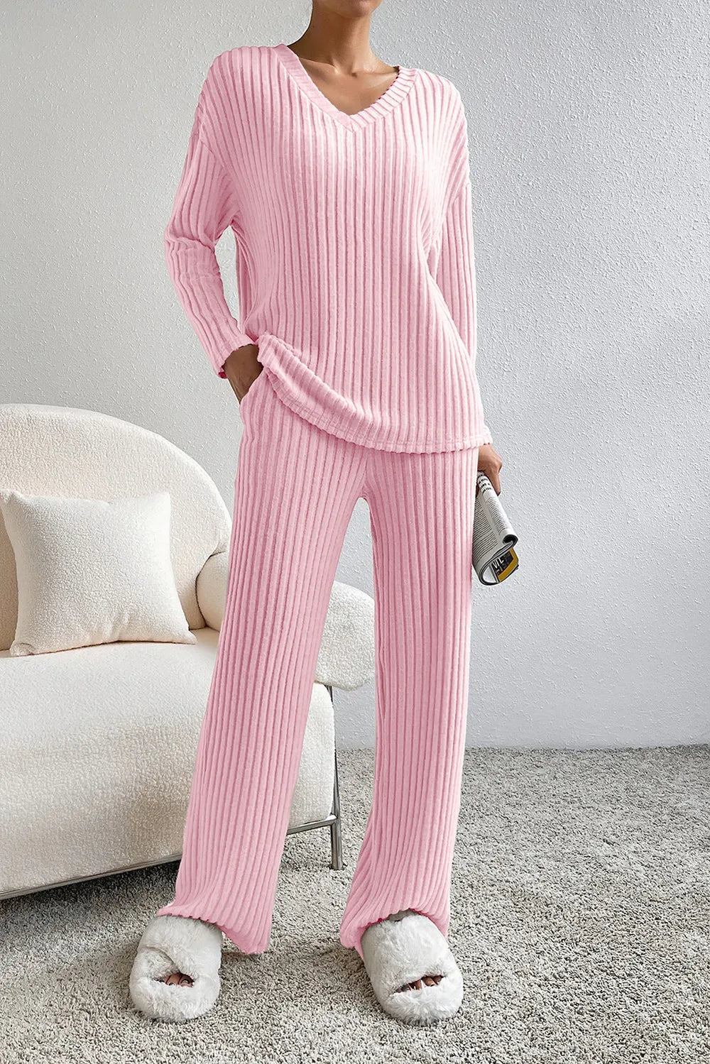 Ribbed V-Neck Top and Pants Lounge Set in Carnation Pink for Women