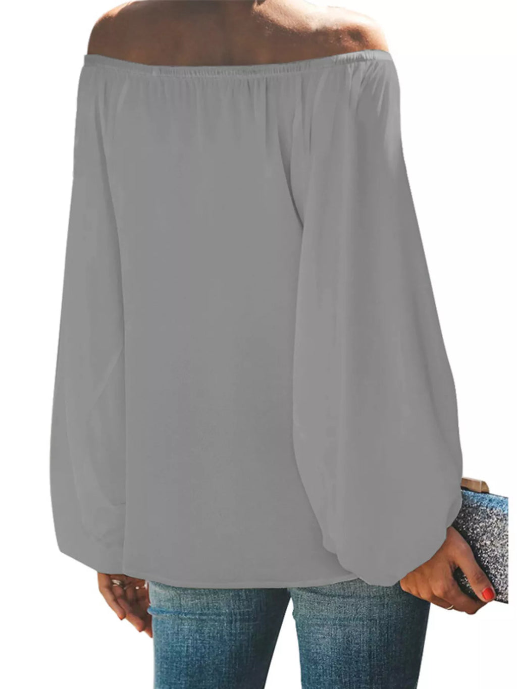 Off-Shoulder Balloon Sleeve Blouse Plus Size in Green for Women