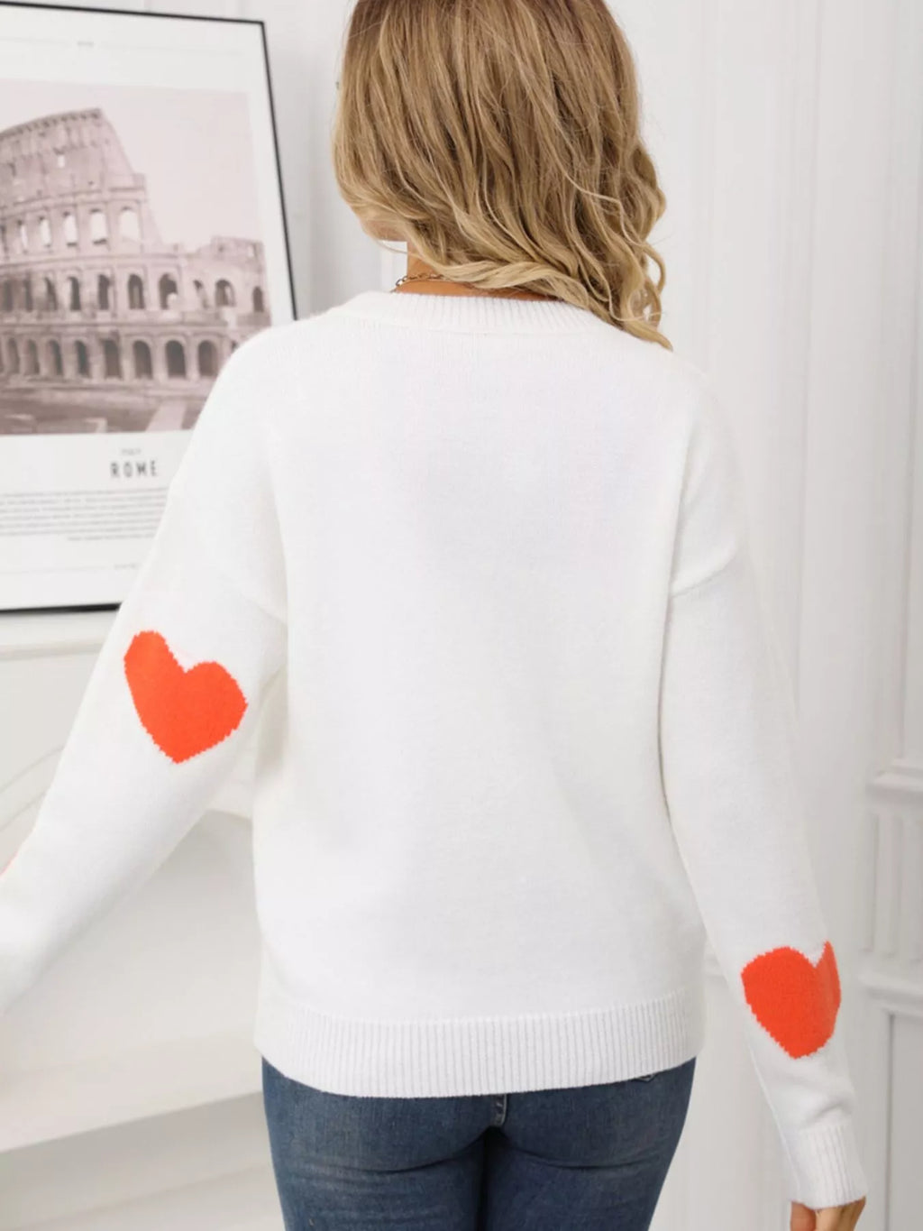 Valentines Day Heart Pattern Round Neck Sweater in Black for Women