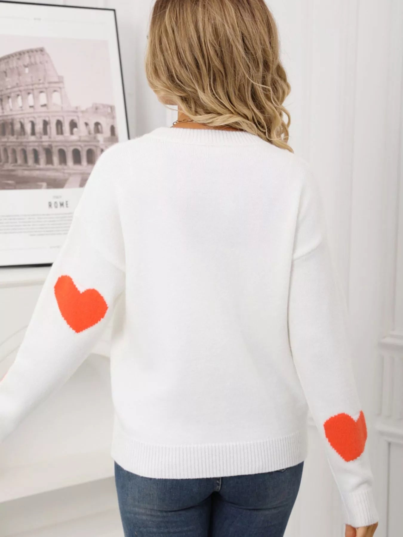 Valentines Day Heart Pattern Round Neck Sweater in Black for Women