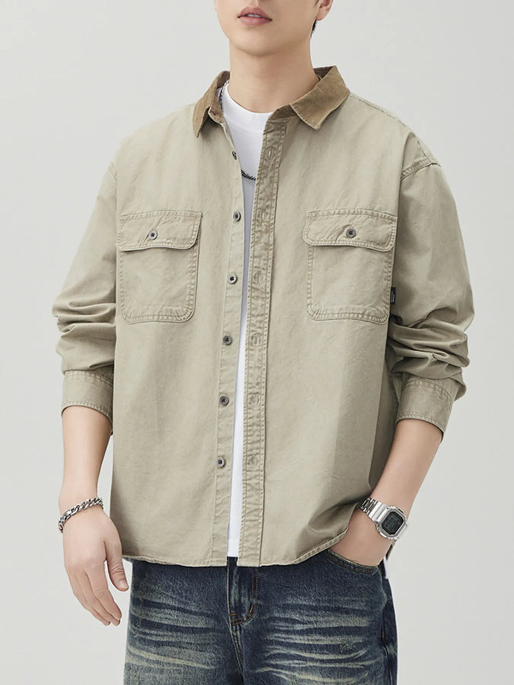 Plus Size Button Up Long Sleeve Shirt in Khaki for Men