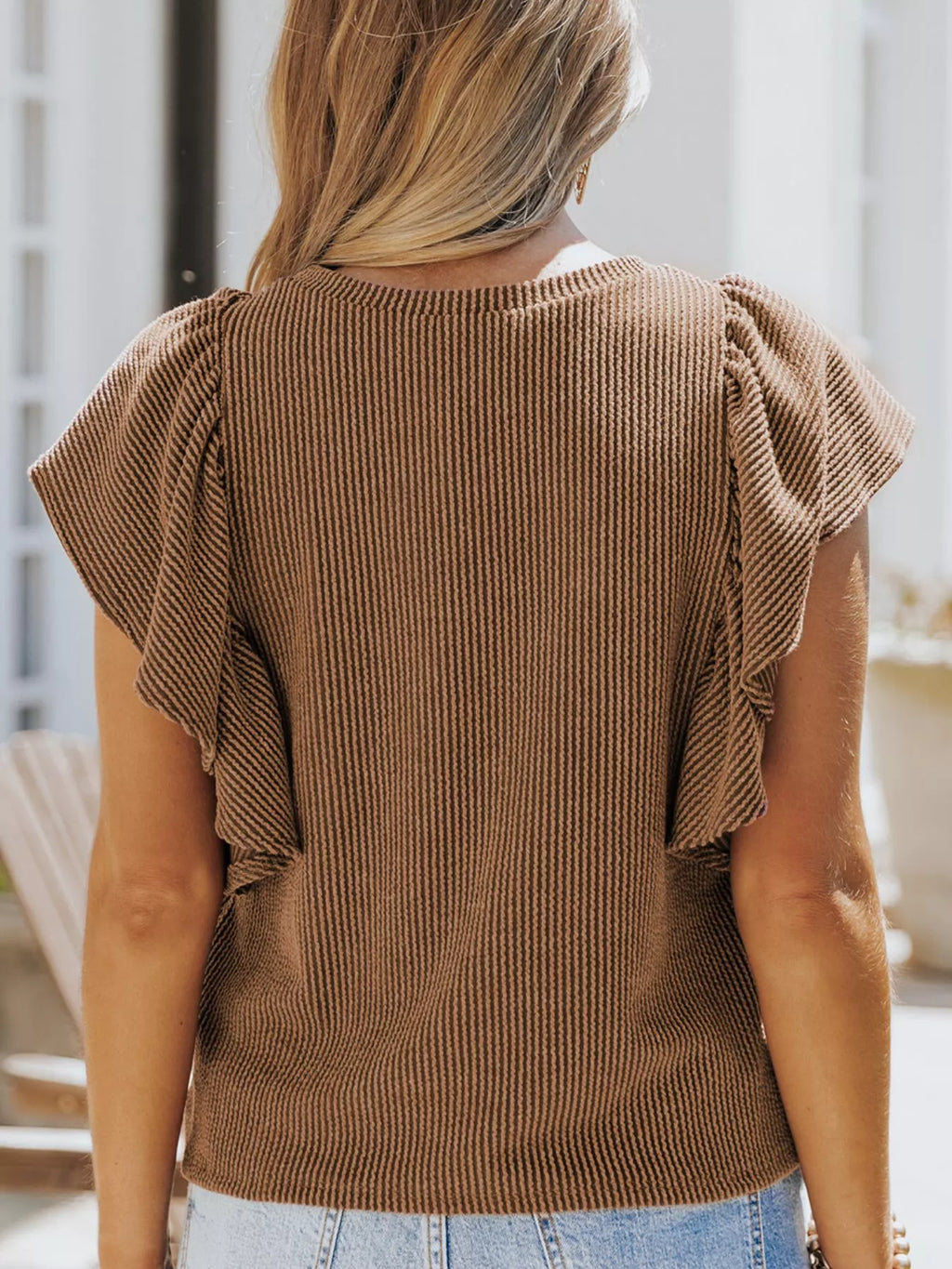 Ruffled Sleeve Ribbed Knit T-Shirt Plus Size in White for Women
