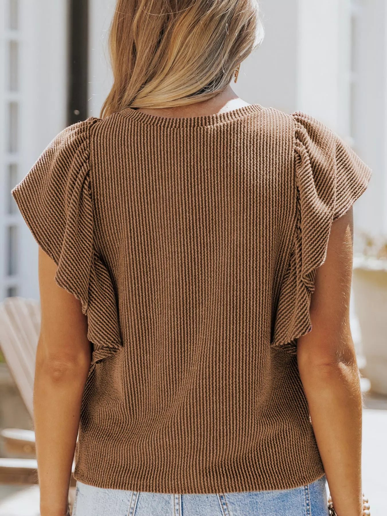Ruffled Sleeve Ribbed Knit T-Shirt Plus Size in White for Women