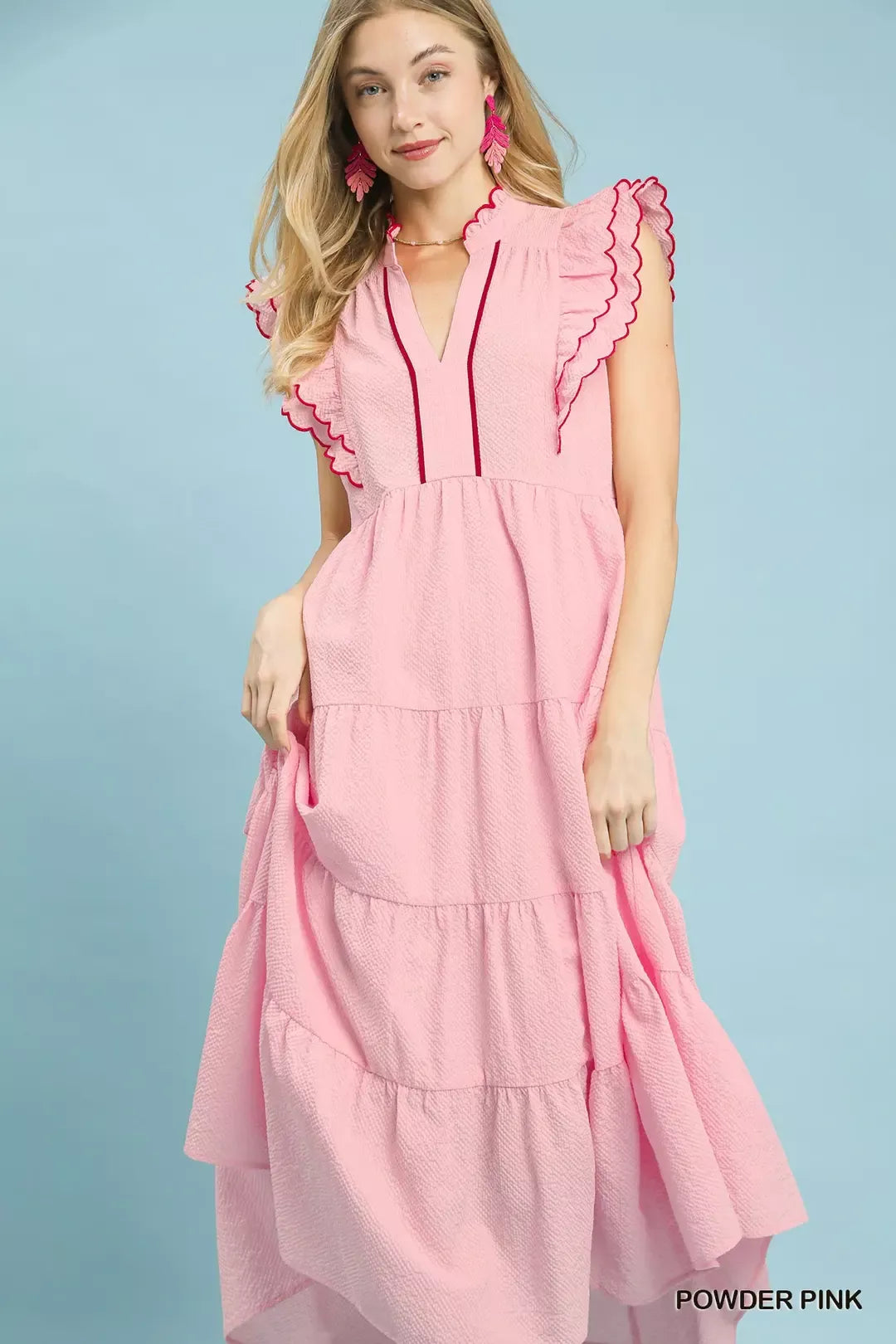Seersucker Ruffle Sleeve Tiered Midi Dress in Powder Pink for Women