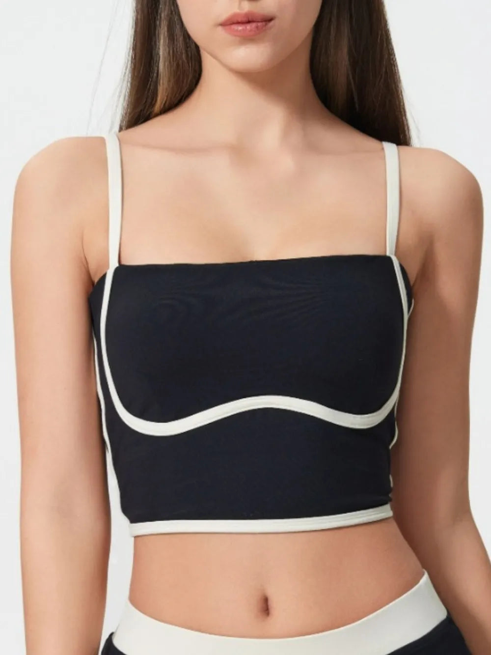 Contrast Trim Square Neck Active Cami with Detachable Chest Pads in Black for Women