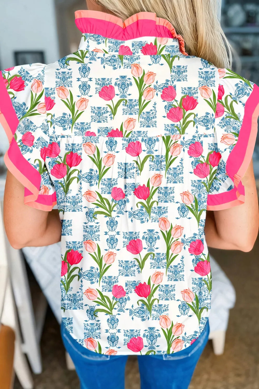 Floral Print Ruffle Collar Blouse in Floral for Women