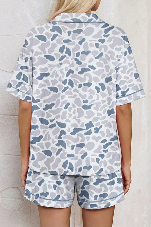 Camouflage Print Lapel Shirt Drawstring Two-Piece Shorts Pajama Set in Dusty Blue for Women