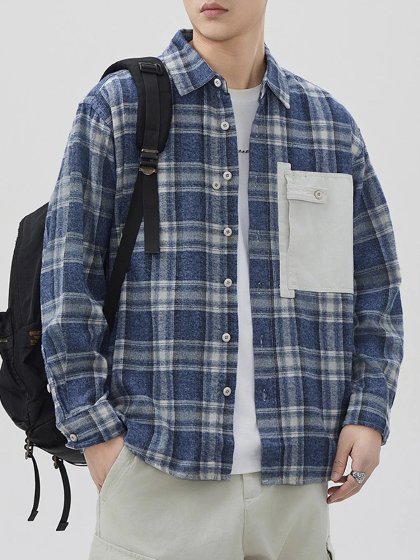 Plus Size Plaid Button Down Shirt with Contrast Pocket in Pink for Men