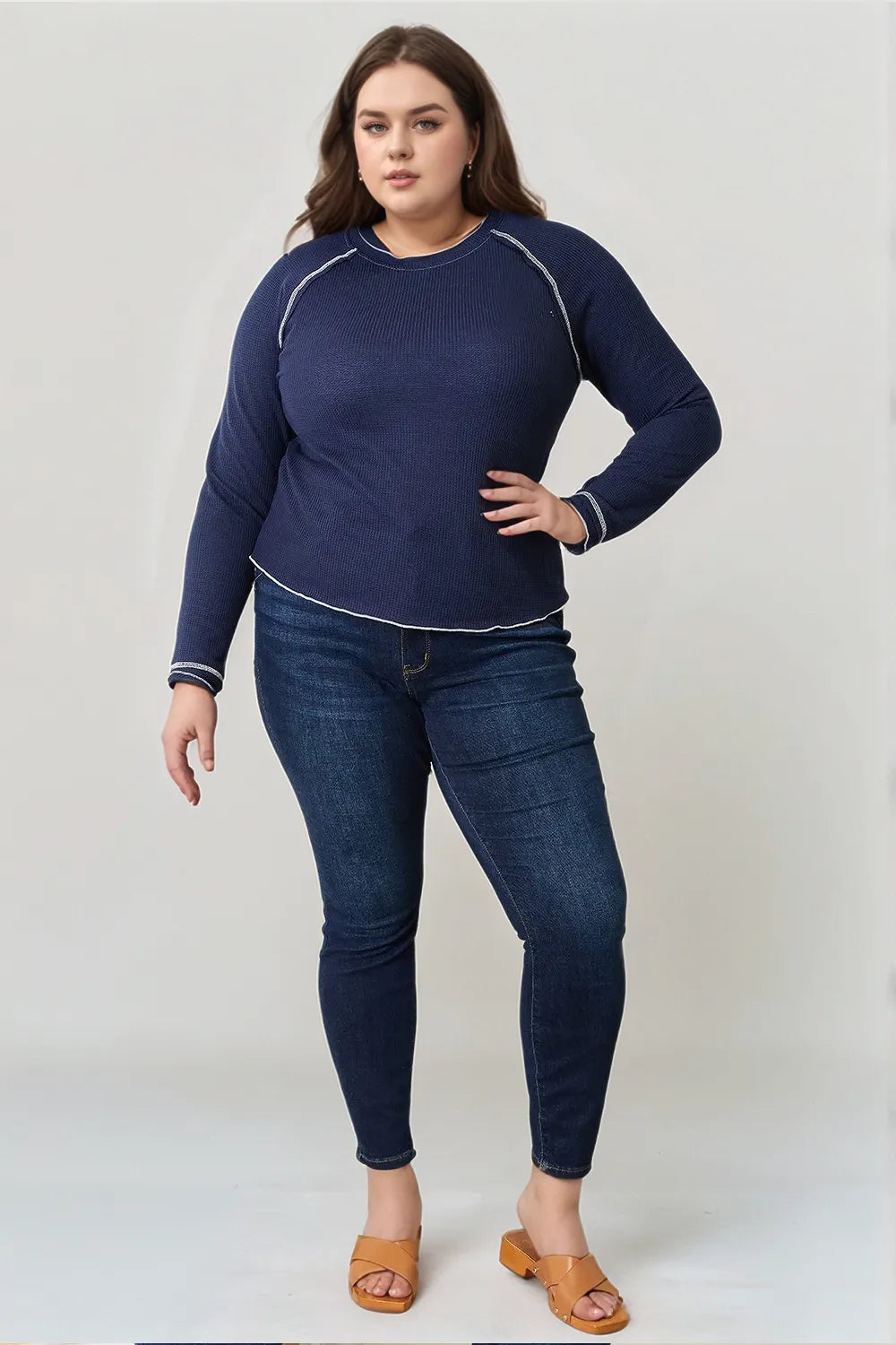 Long Raglan Sleeve Round Neck Top in Dark Blue for Women