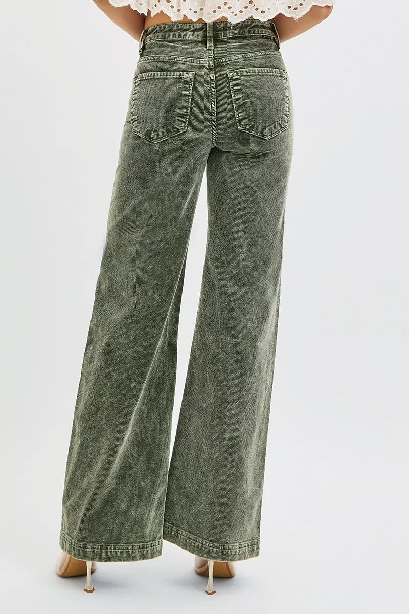 High Rise Wide Leg Corduroy Jeans Plus Size in Forest for Women