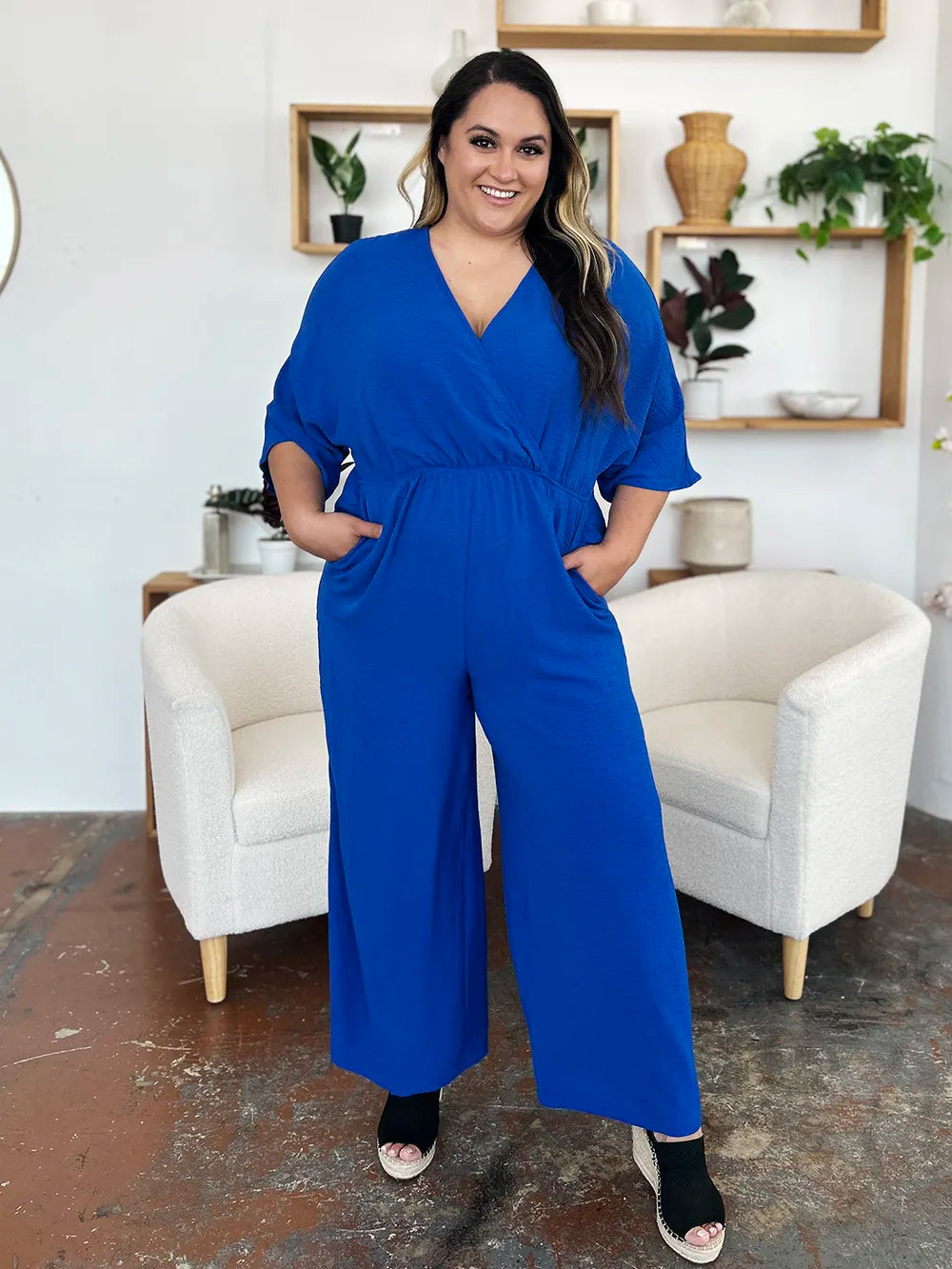 Plus Size Surplice Wide Leg Jumpsuit with Pockets in Royal Blue for Women