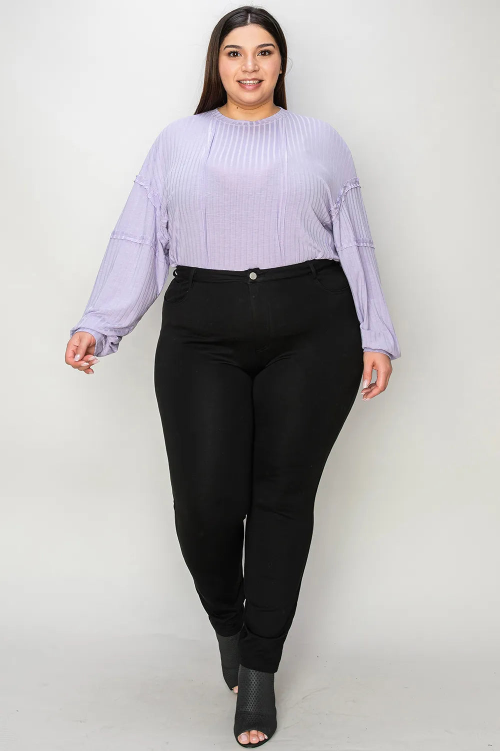 Plus Size Ribbed Round Neck Long Sleeve T-Shirt in Dark Brown for Women