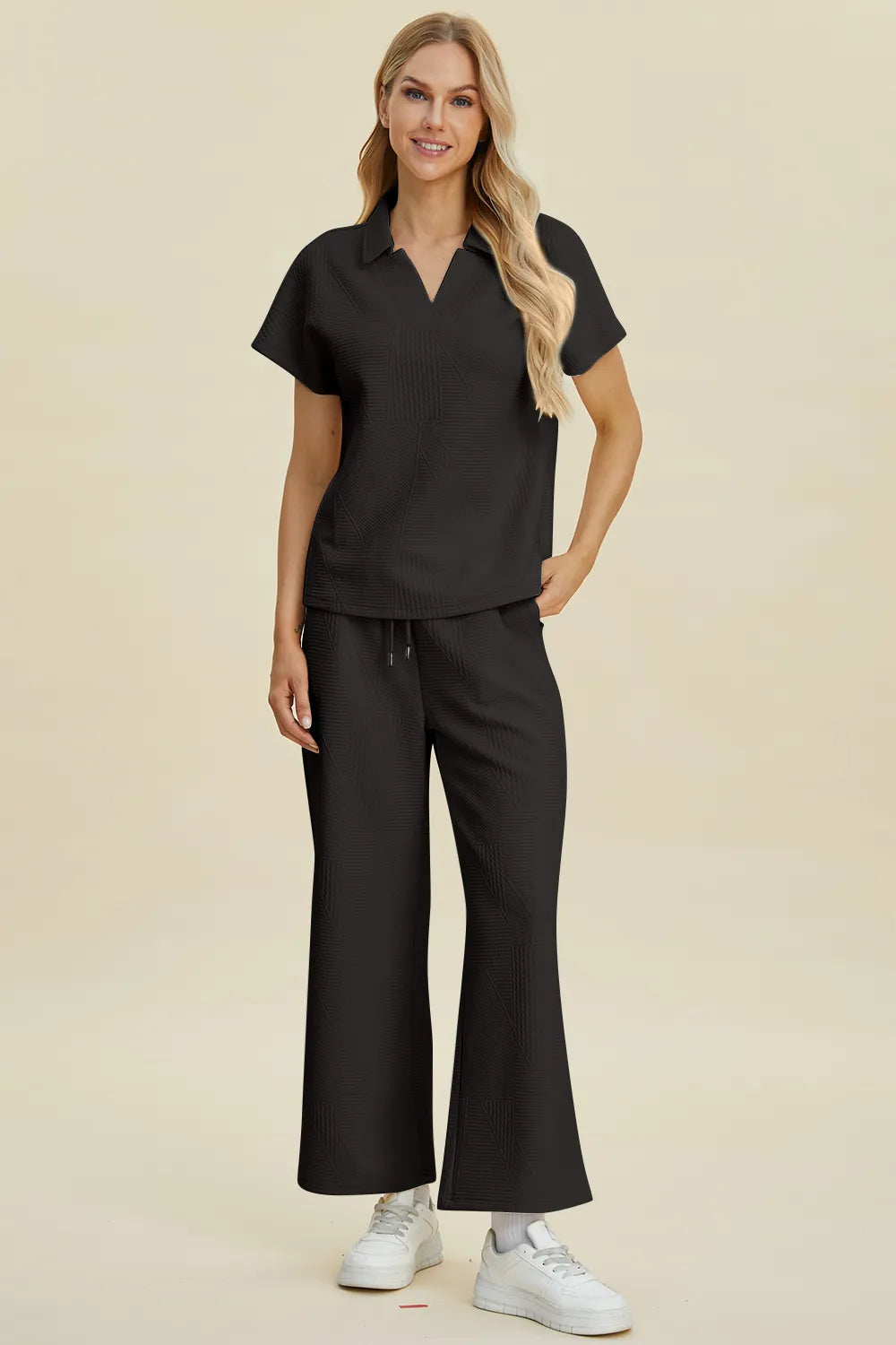 Plus Size Collared Neck Short Sleeve Top and Pants Set in Black for Women