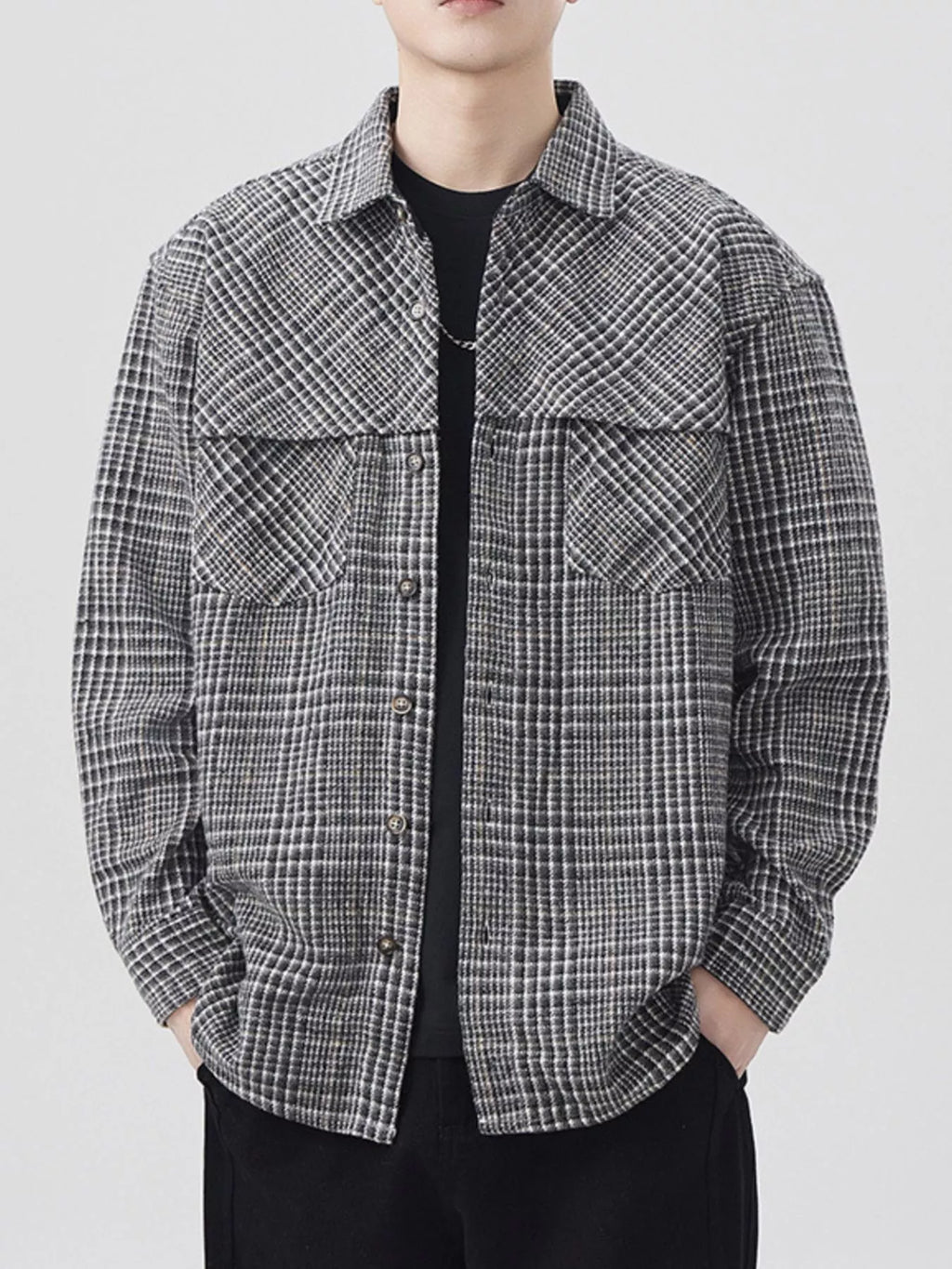Plus Size Plaid Button Up Long Sleeve Shirt in Coffee Color for Men