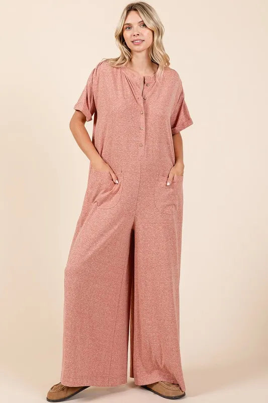 Button Detail Short Sleeve Wide Leg Jumpsuit for Women