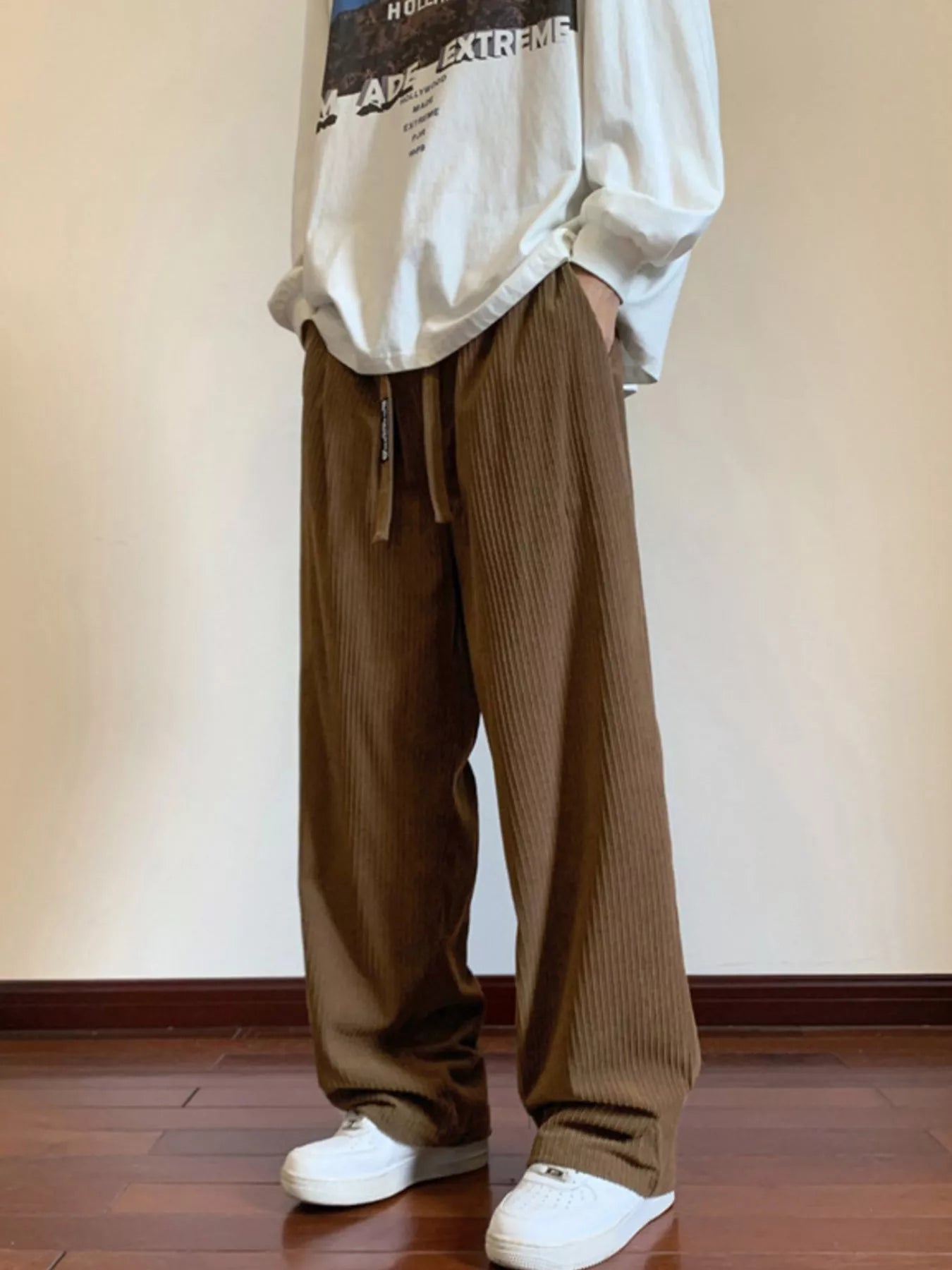 Plus Size Corduroy Wide Leg Drawstring Pants in Black for Men