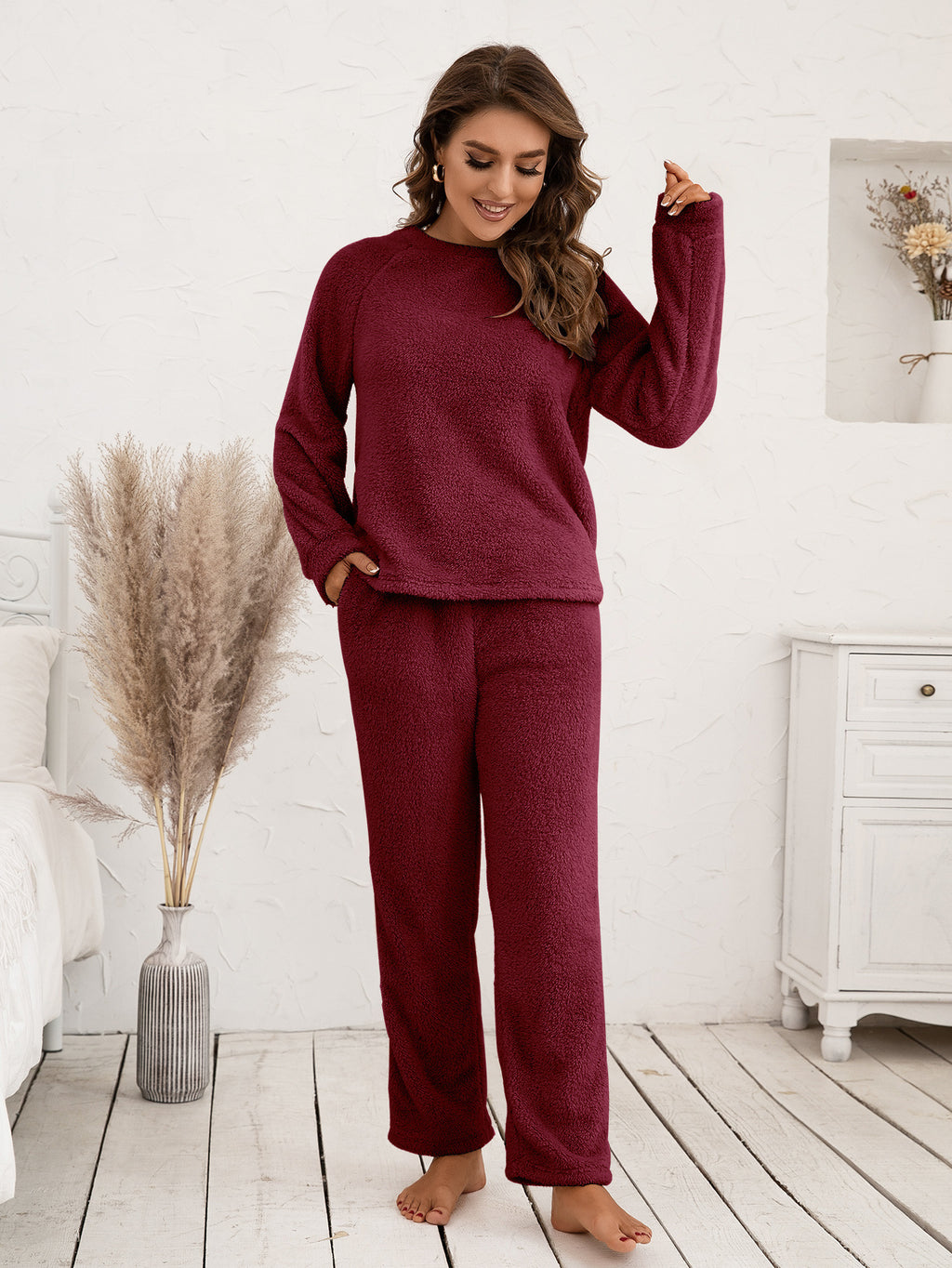 Ivy Lane Teddy Long Sleeve Top and Pants Lounge Set in Dark Blue for Women