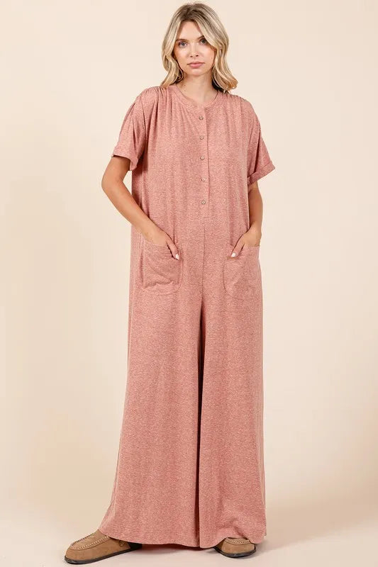 Button Detail Short Sleeve Wide Leg Jumpsuit in Ginger for Women