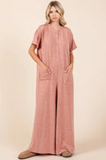 Button Detail Short Sleeve Wide Leg Jumpsuit in Ginger for Women