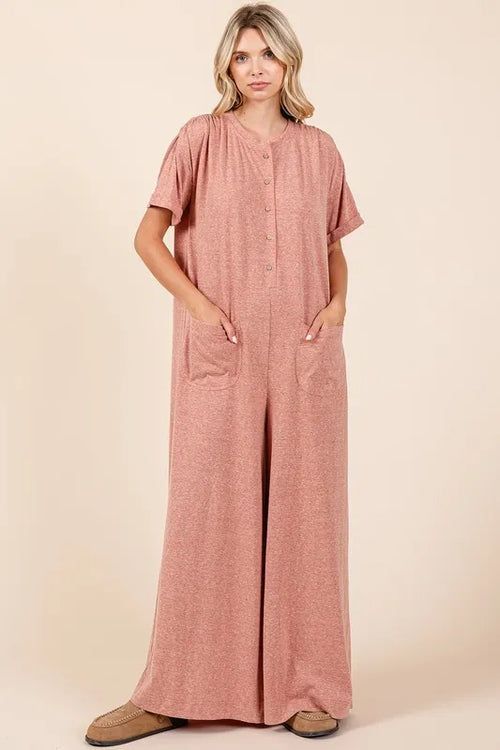 Button Detail Short Sleeve Wide Leg Jumpsuit in Ginger for Women