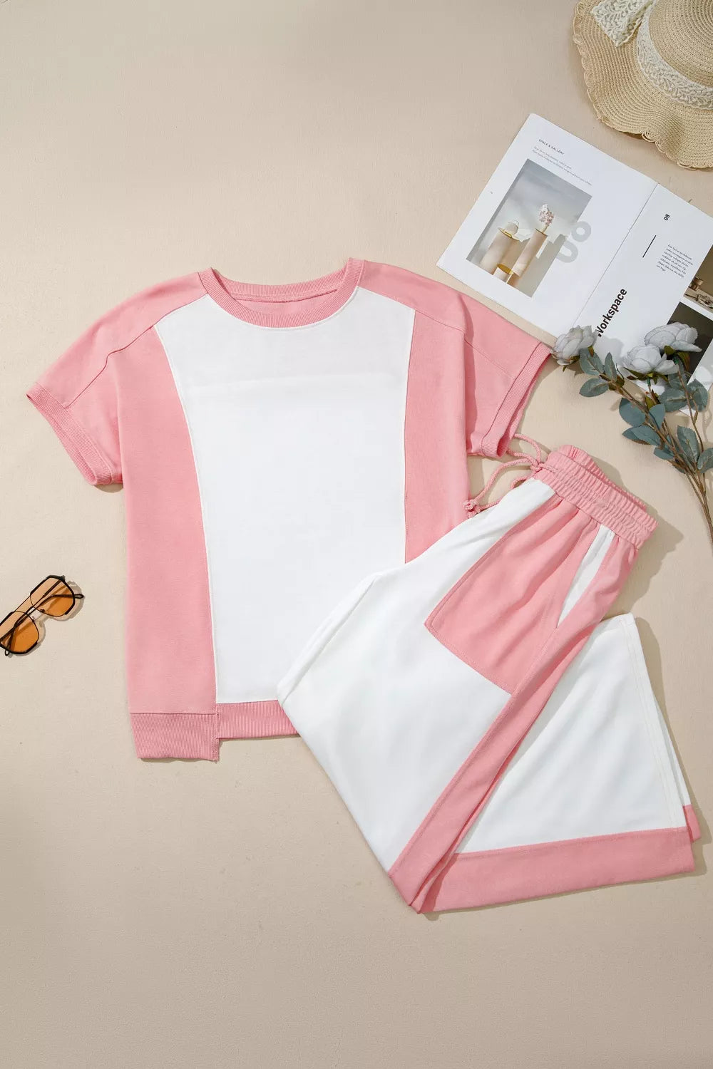 Two-Tone Color Block Patchwork Tee Drawstring Loose Pant Set for Women