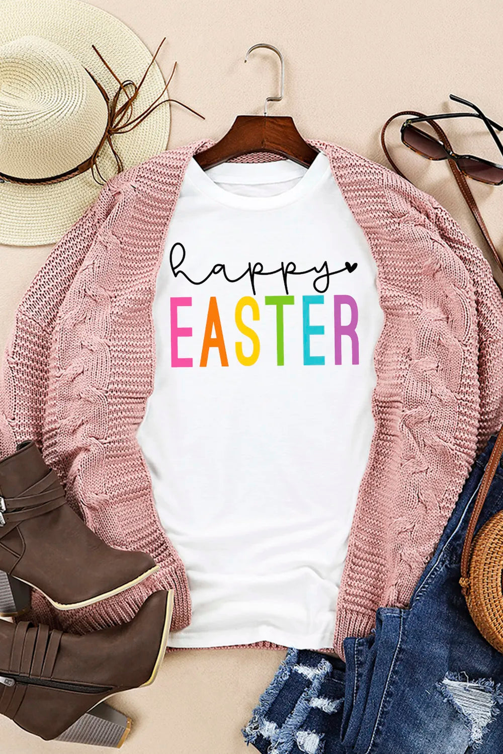 Happy Easter Round Neck Short Sleeve T-Shirt in Classic in White for Women