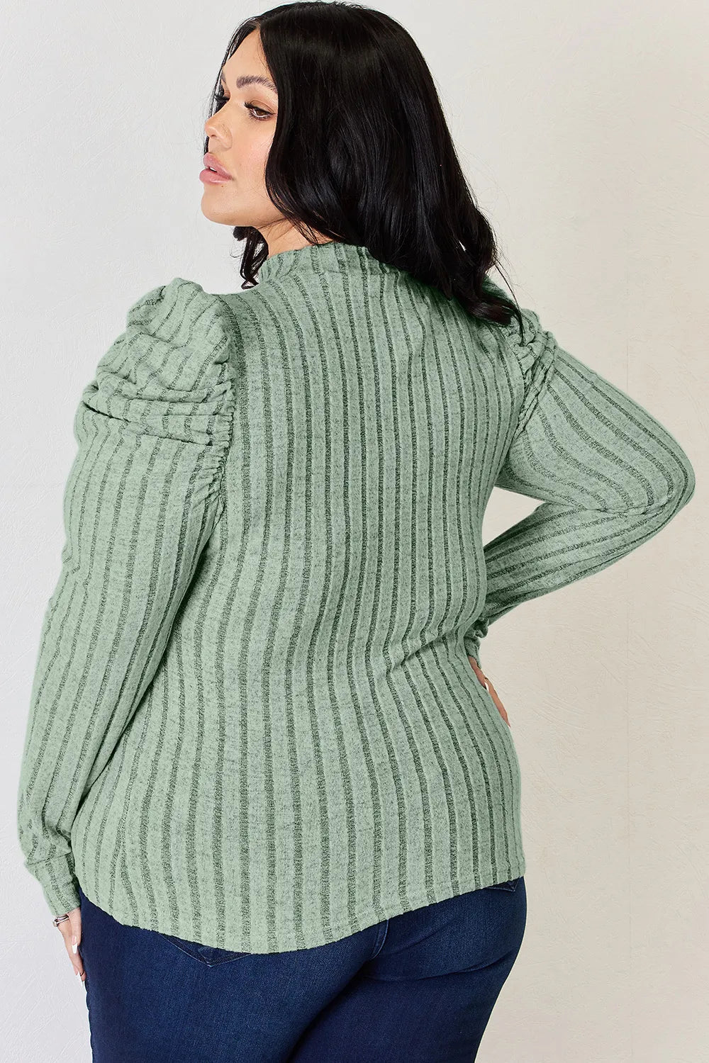 Plus Size Ribbed Mock Neck Puff Sleeve T-Shirt in Khaki for Women
