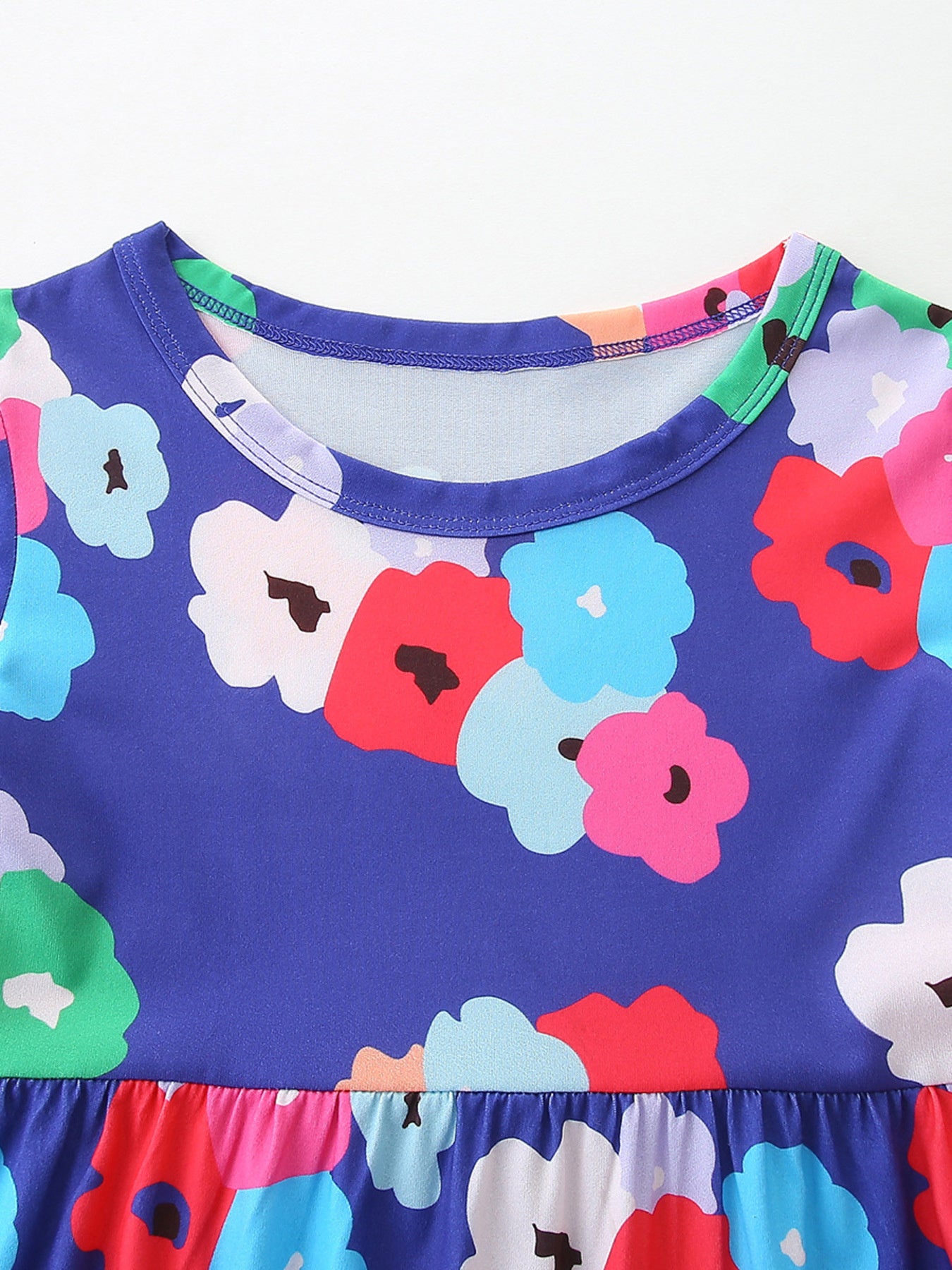 Floral Print Casual Short Sleeve Dress in Royal Blue for Girls