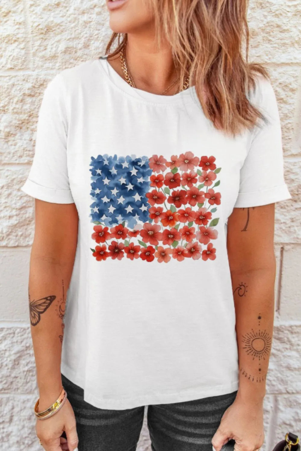 Star Floral American Flag Printed T-Shirt in White for Women
