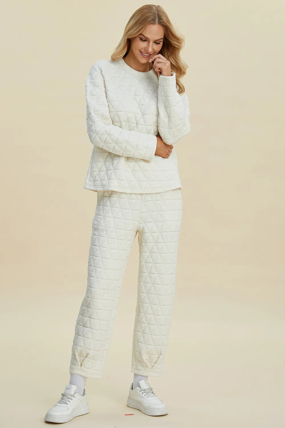 Plus Size Texture Round Neck Long Sleeve Top and Pants Set in Beige for Women