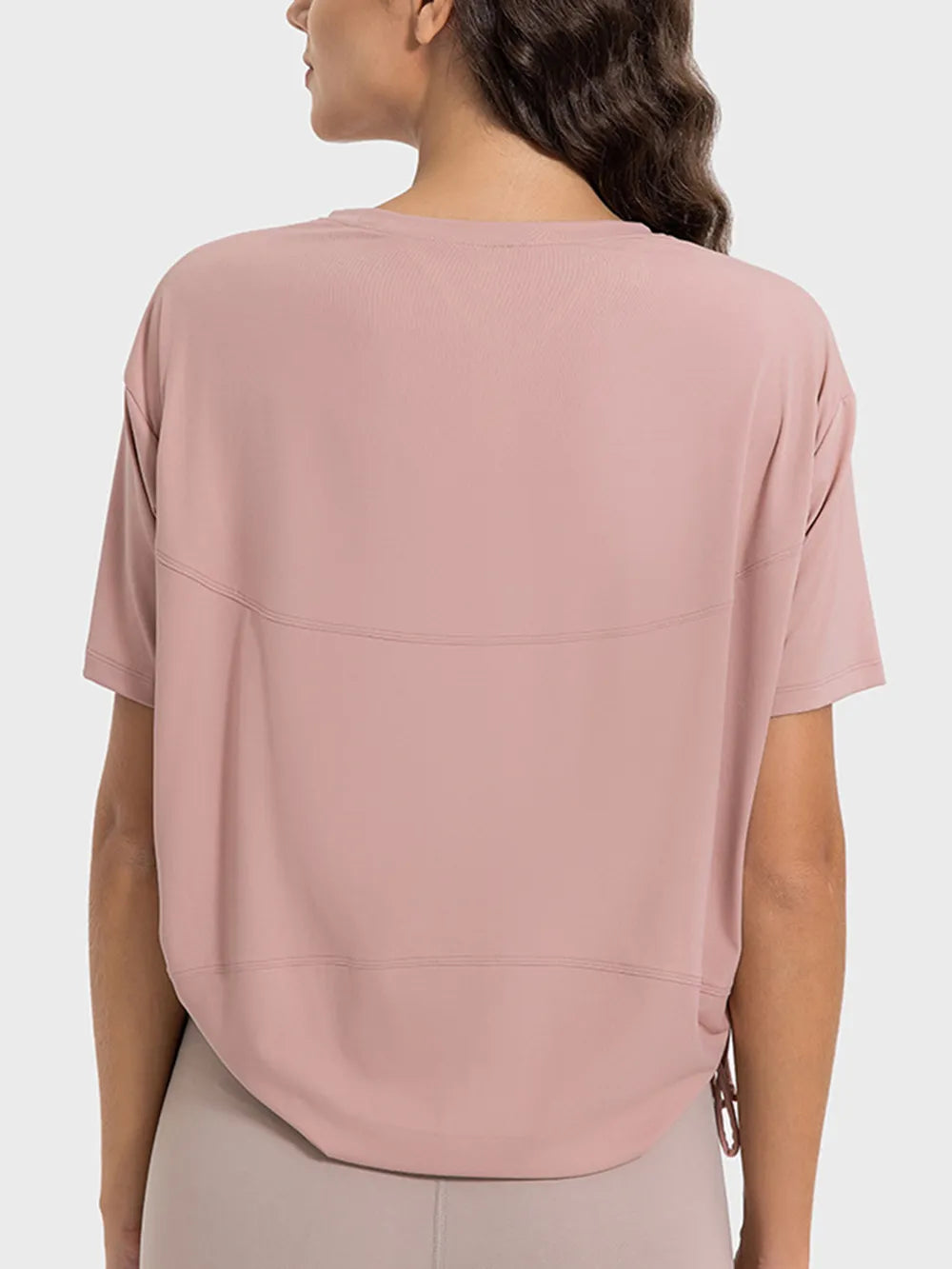 Drawstring Round Neck Short Sleeve Active T-Shirt in Dusty Pink for Women