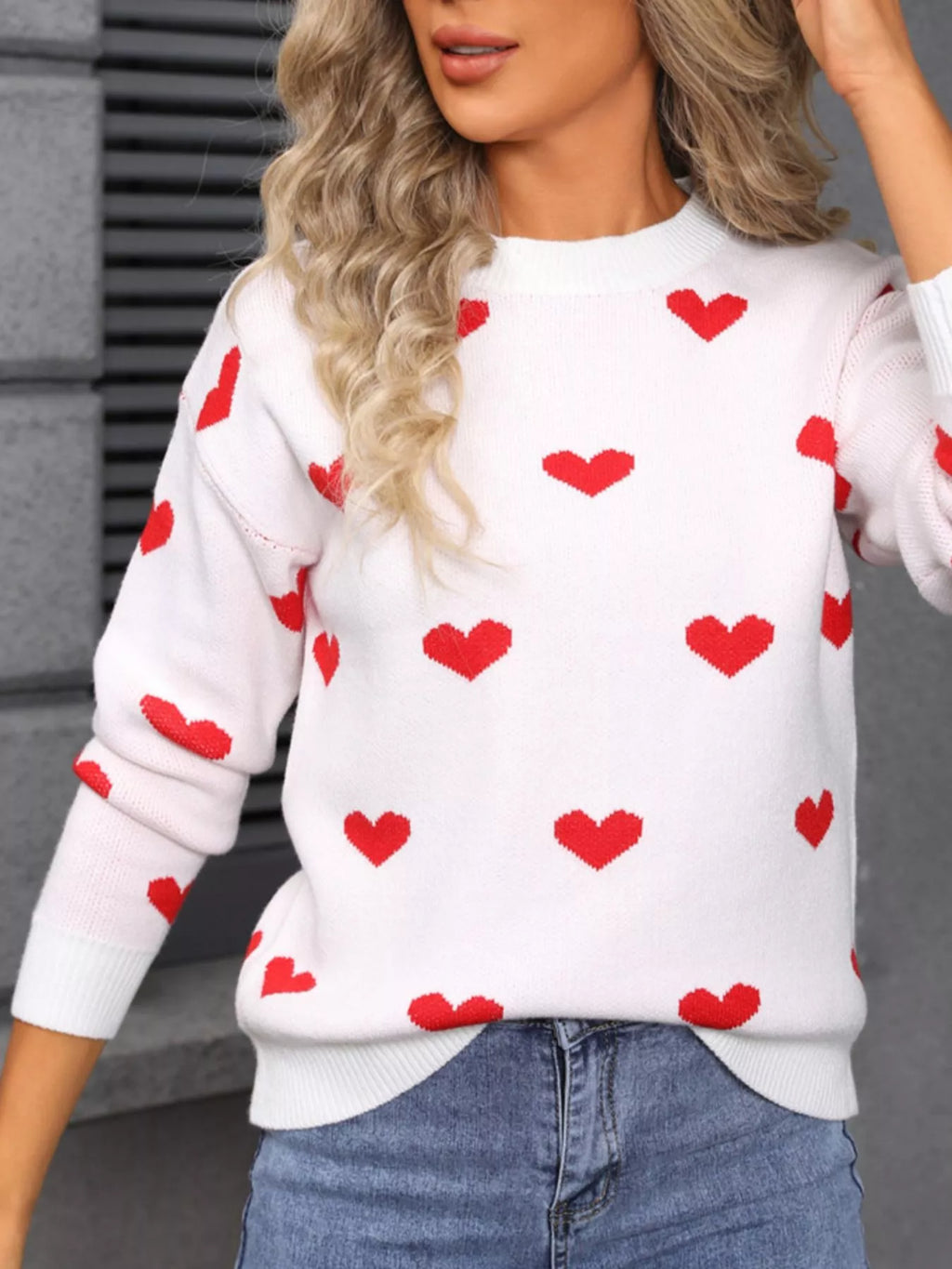 Valentines Day Heart Pattern Dropped Shoulder Sweater in White for Women