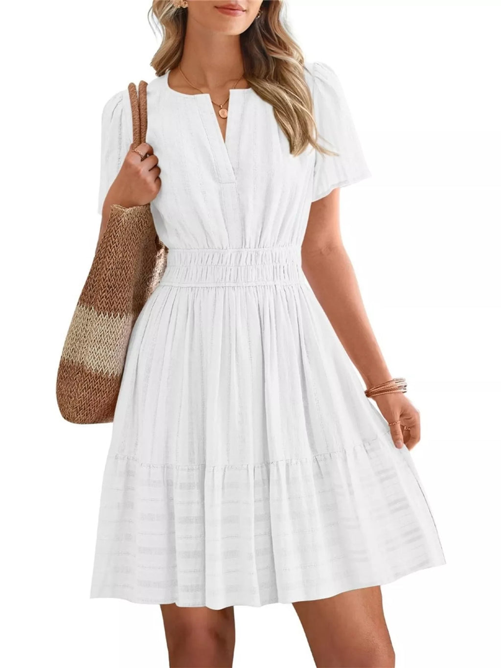 Short Sleeve Smocked Waist Tiered Dress in Light Green for Women