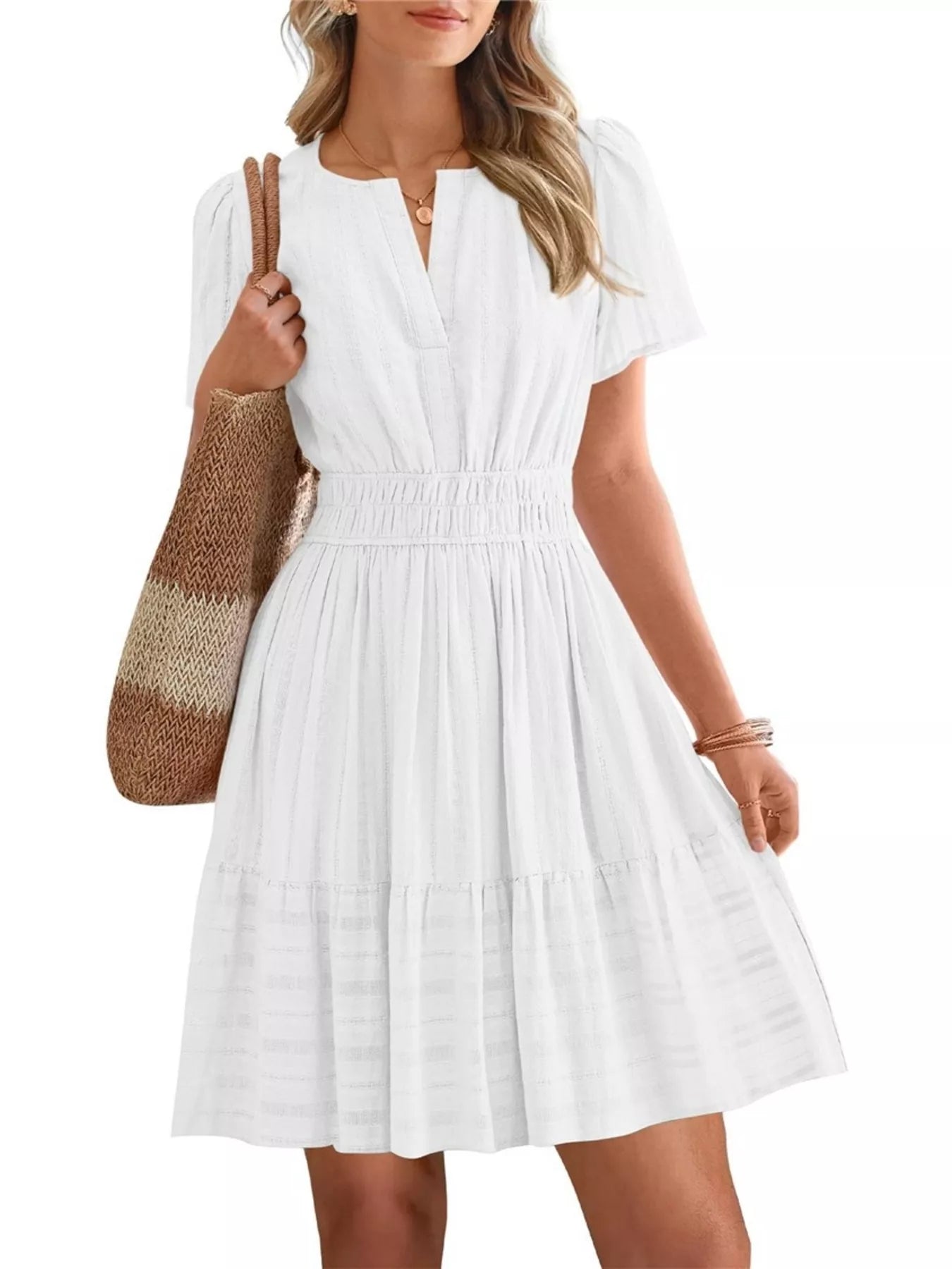 Short Sleeve Smocked Waist Tiered Dress in Light Green for Women