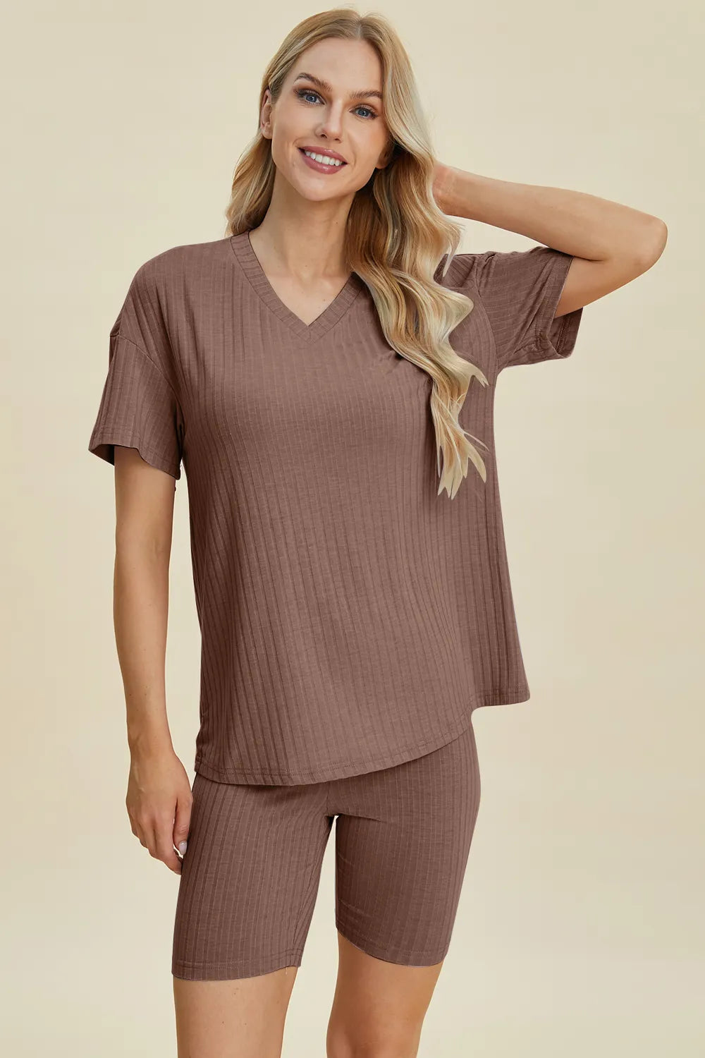 Plus Size Ribbed V-Neck Short Sleeve Top and Shorts Set in Gray for Women