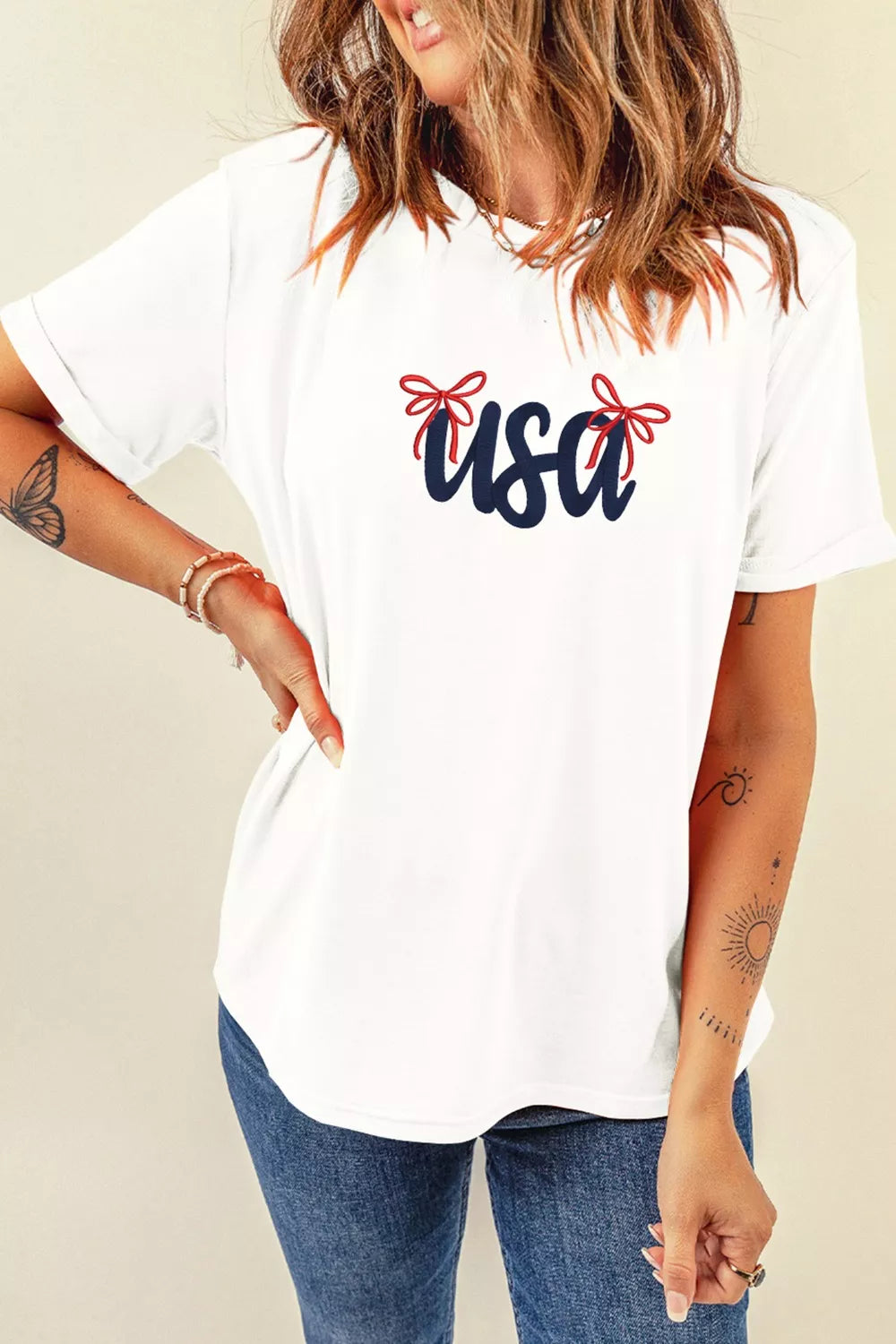 USA Lettering Bow Embroidered T-Shirt in White for Women