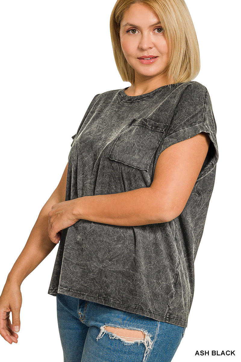Crinkle Washed Round Neck Folded Short Sleeve Tee Plus Size in Black for Women
