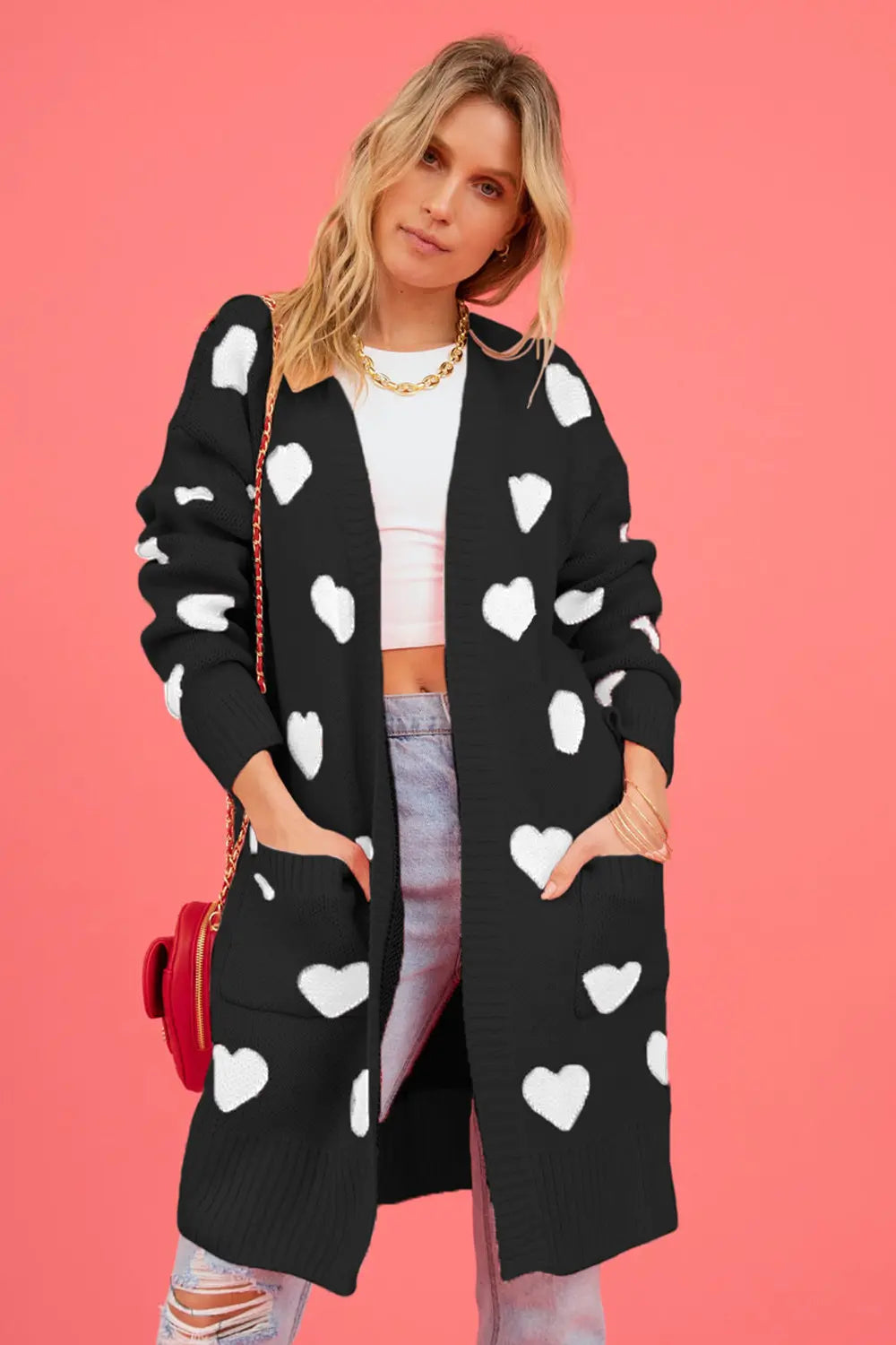 Heart Graphic Open Front Cardigan with Pockets in Blush Pink for Women