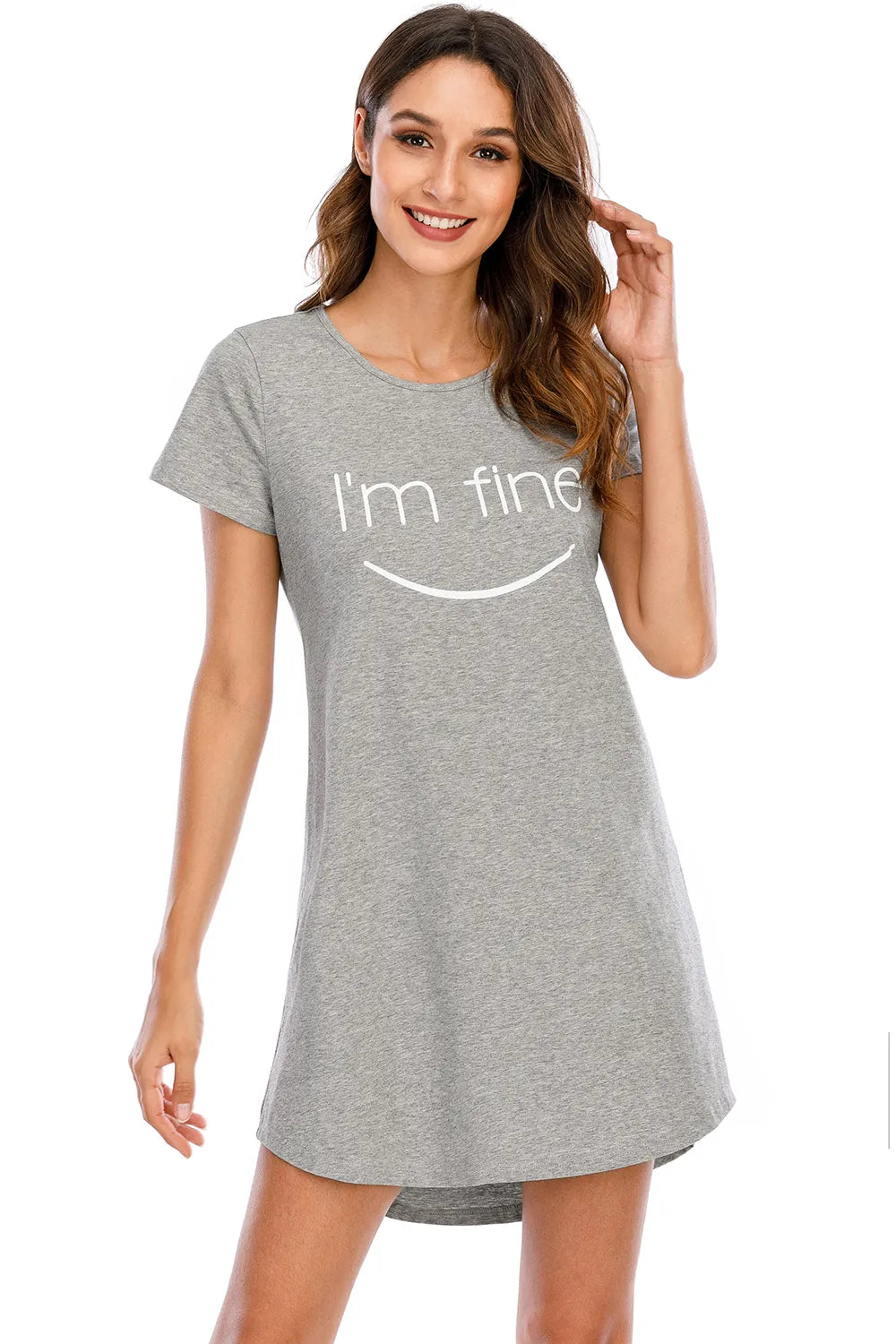 Graphic Round Neck Short Sleeve Lounge Dress in Gray for Women