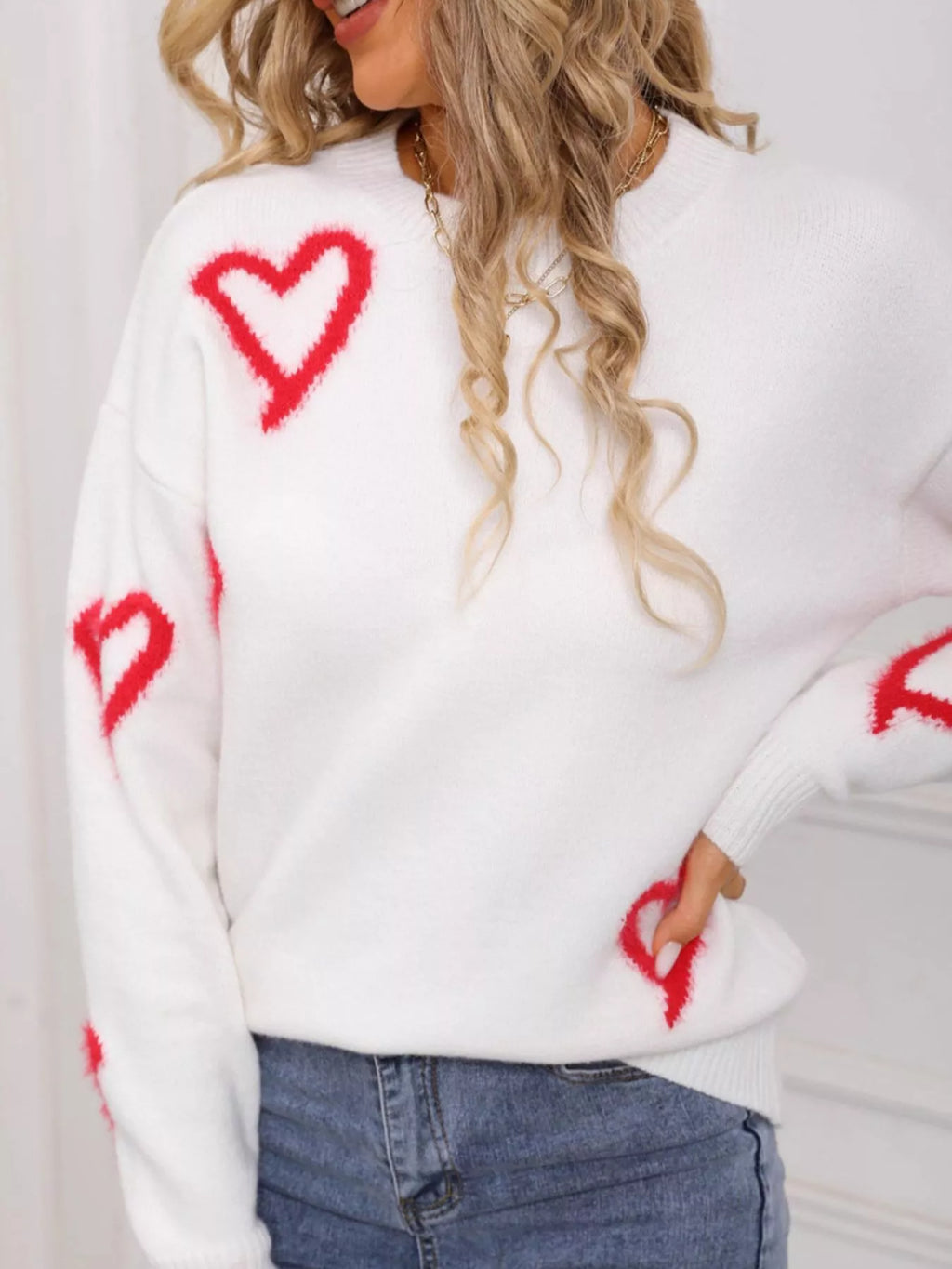 Valentines Day Heart Print Crew Neck Sweater in White for Women