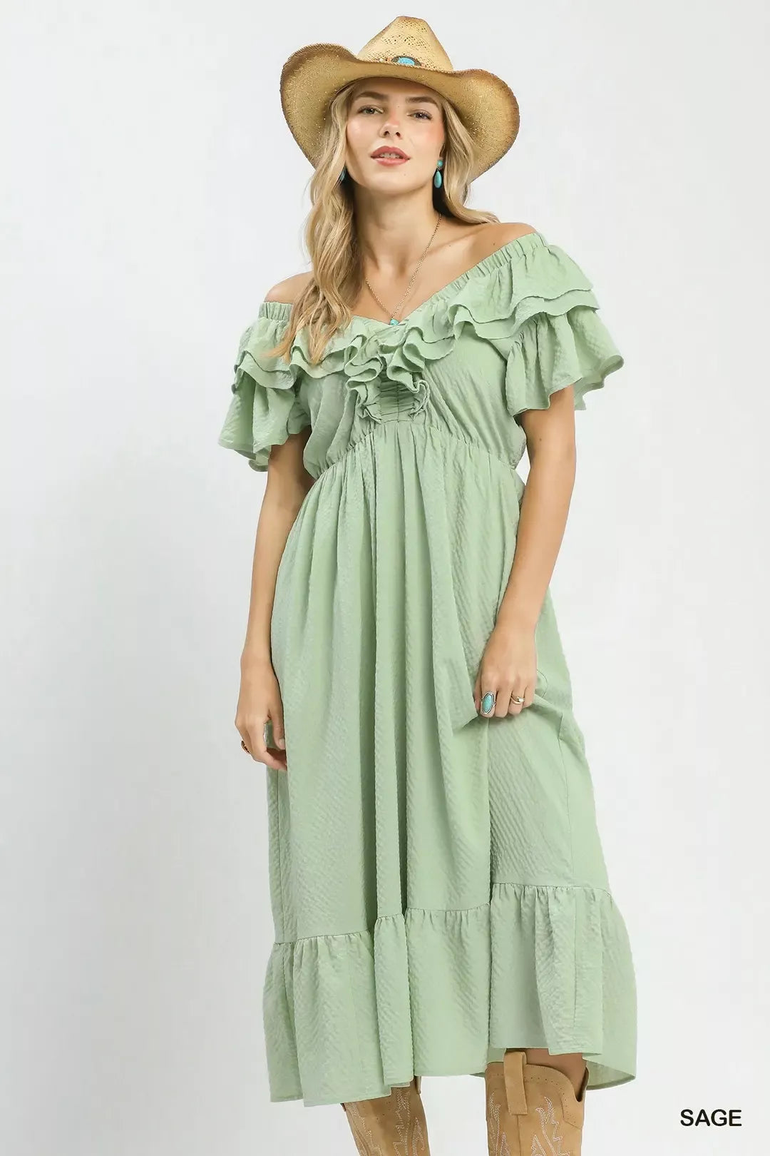 Textured Ruffle Midi Dress in Sage for Women