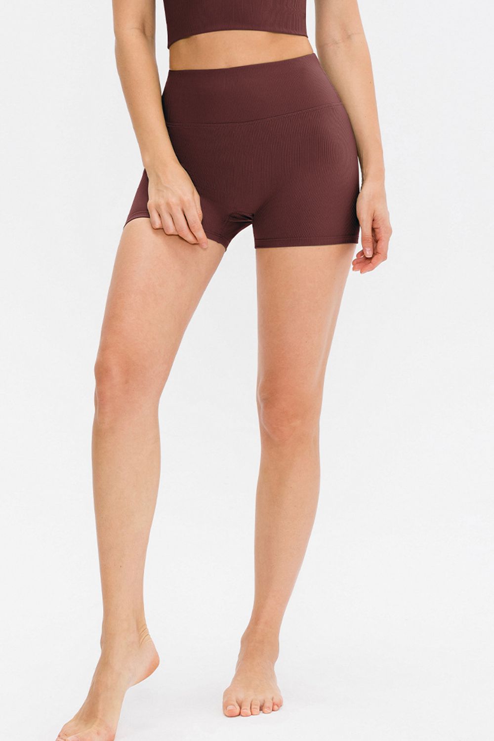 Slim Fit Wide Waistband Sports Shorts in Burgundy for Women