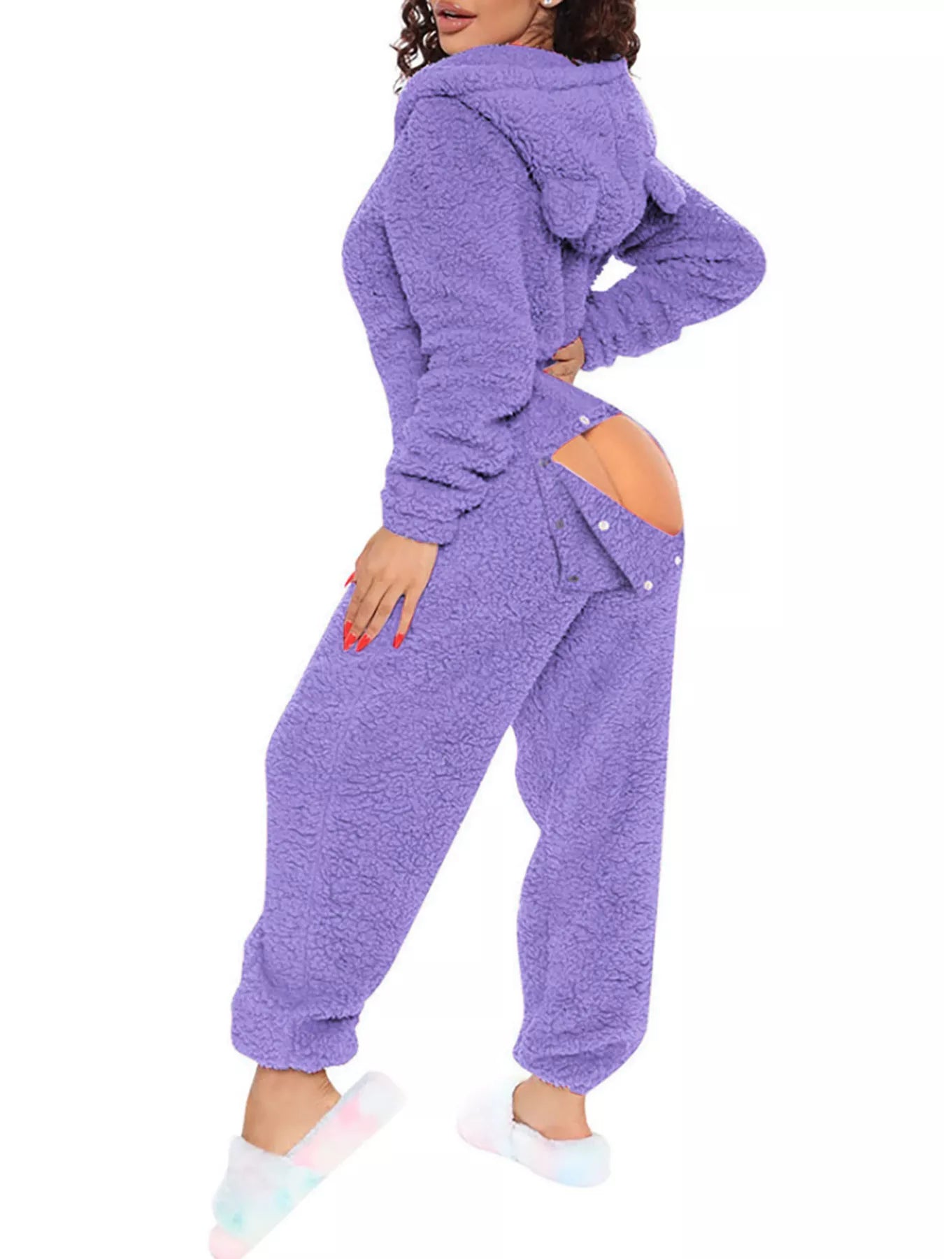 Fleece Hooded Open Back Jumpsuit in Blue for Women