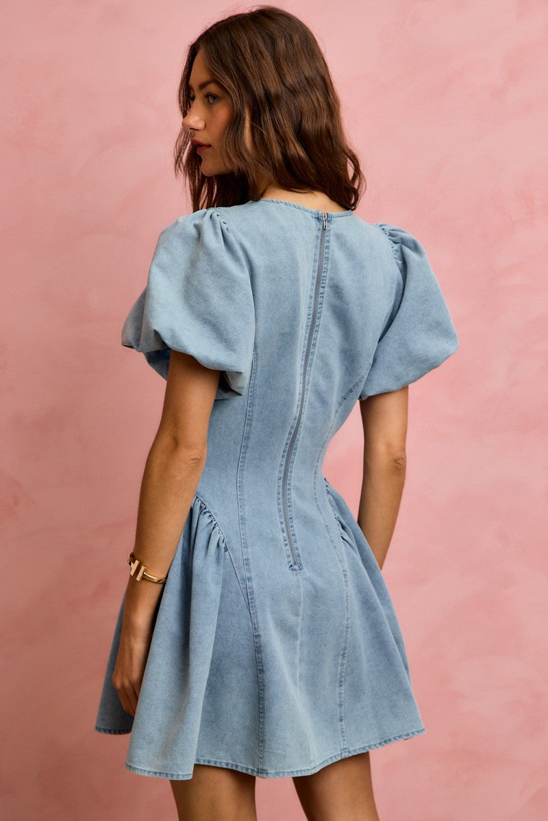 Bubble Sleeves Denim Fit and Flare Mini Dress for Women