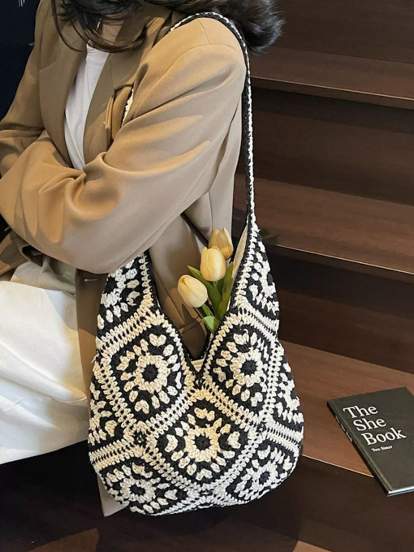 Crochet Hobo Shoulder Bag in Black for Women