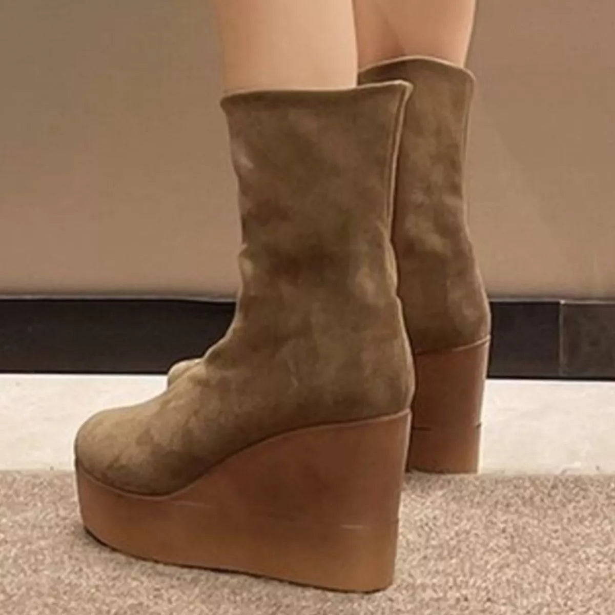 Round Toe Wedge Boots in Black for Women