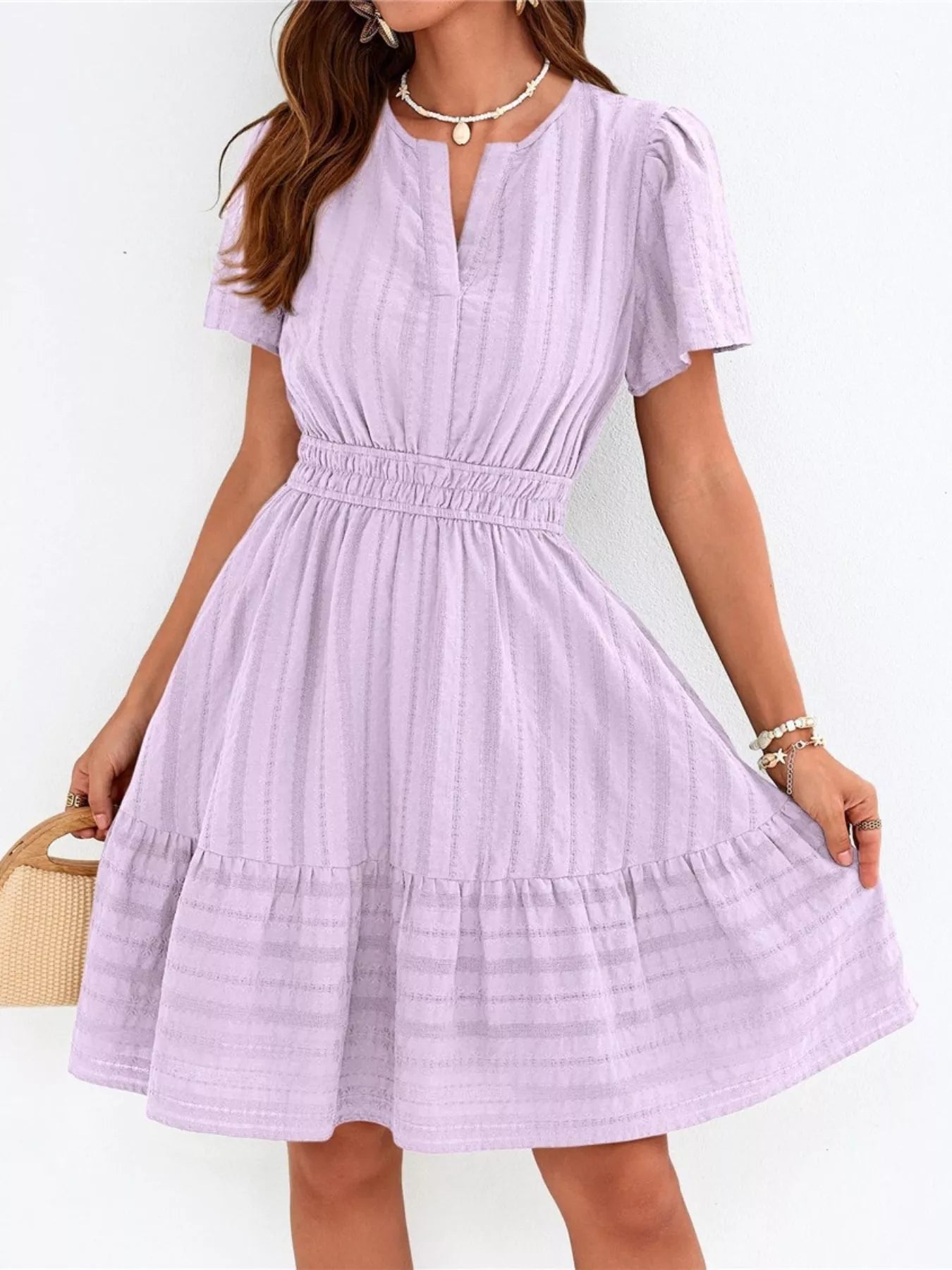 Short Sleeve Smocked Waist Tiered Dress in Light Green for Women